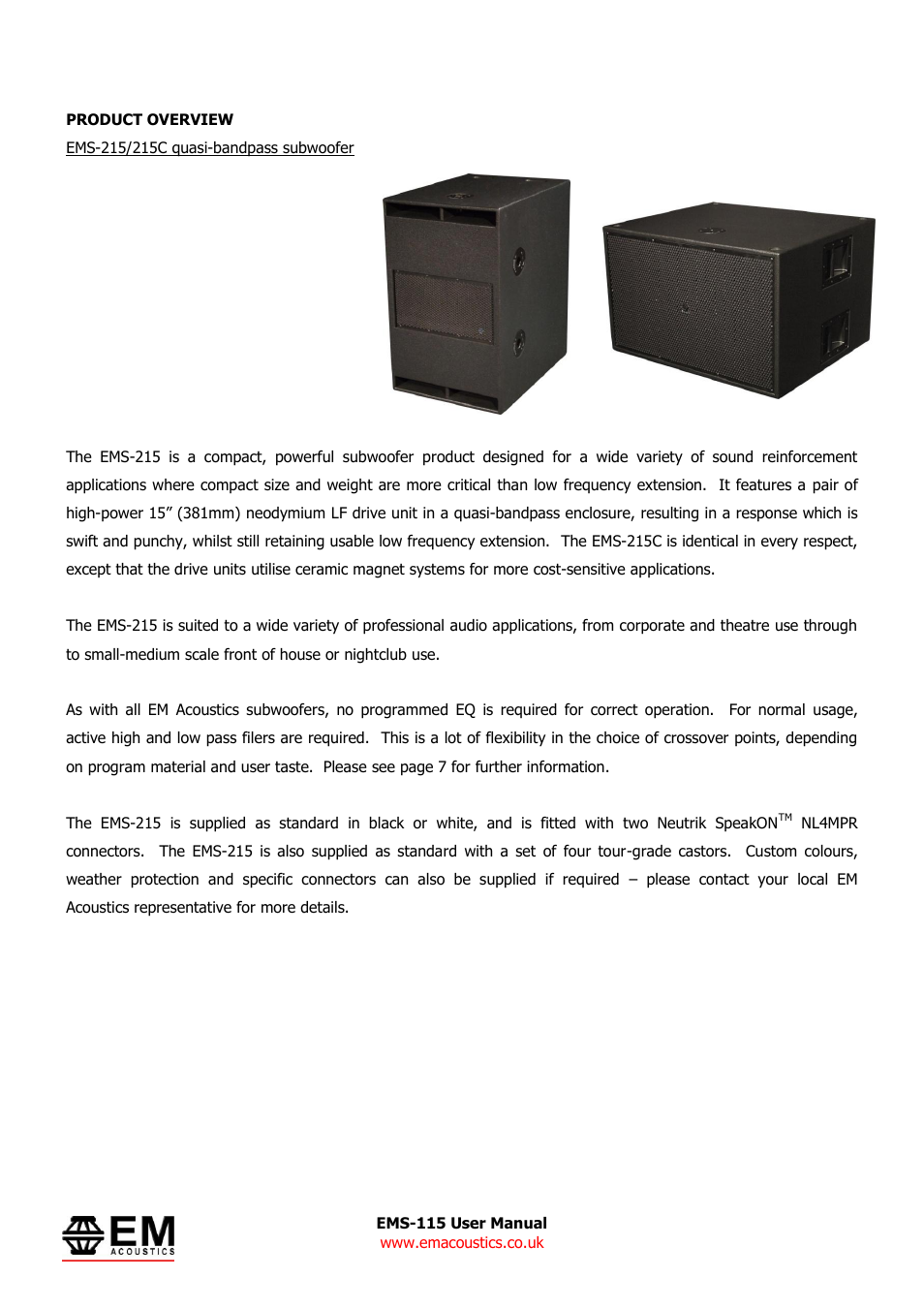 EM Acoustics EMS-215/215C quasi-bandpass subwoofer User Manual | Page 4 / 10