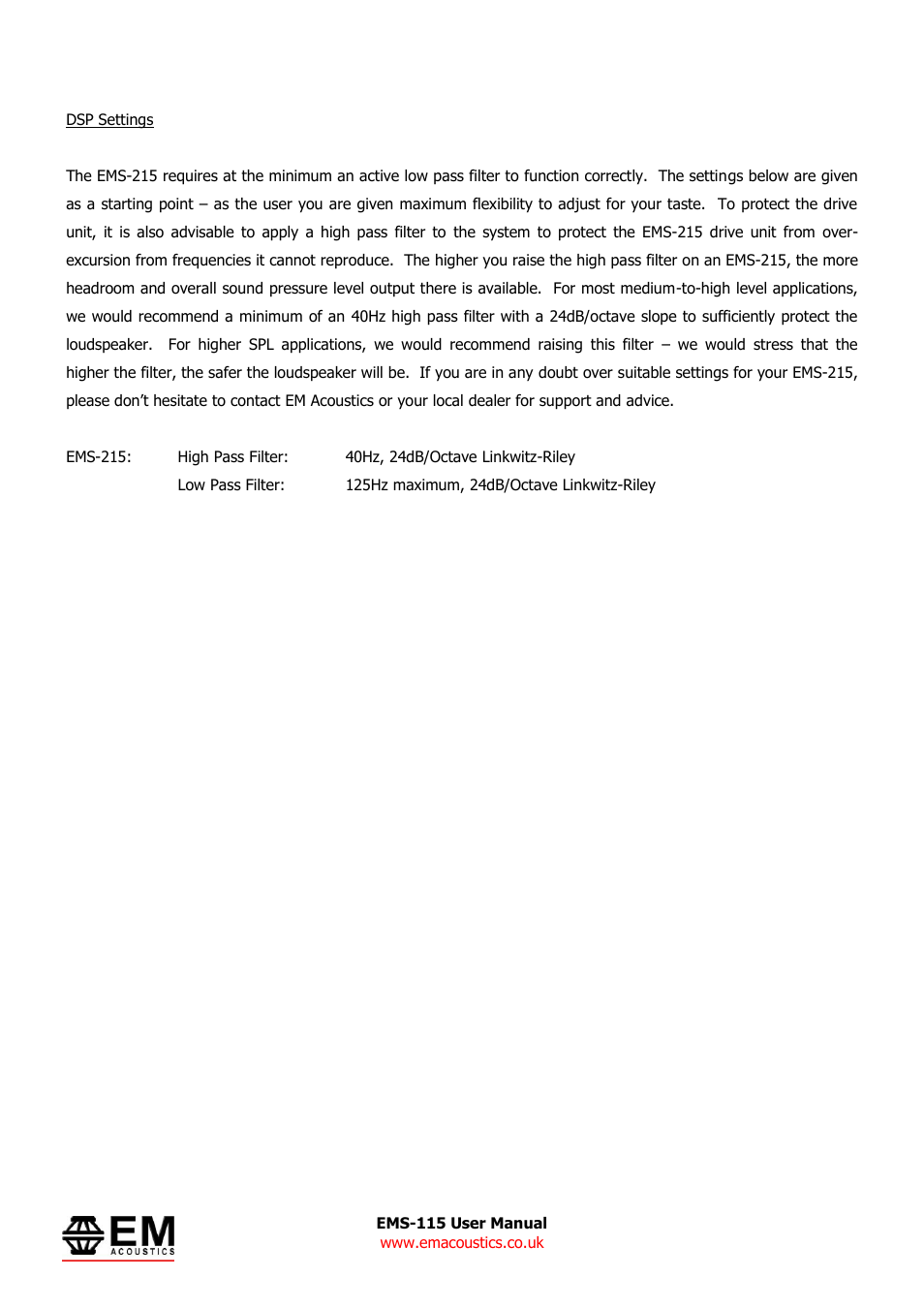 EM Acoustics EMS-215/215C quasi-bandpass subwoofer User Manual | Page 7 / 10