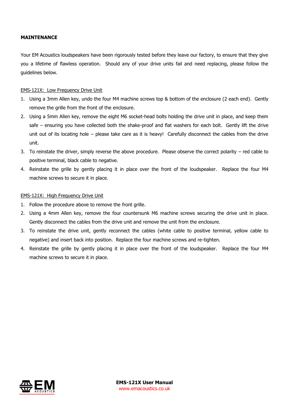 EM Acoustics EMS-121X fullrange passive loudspeaker User Manual | Page 11 / 13