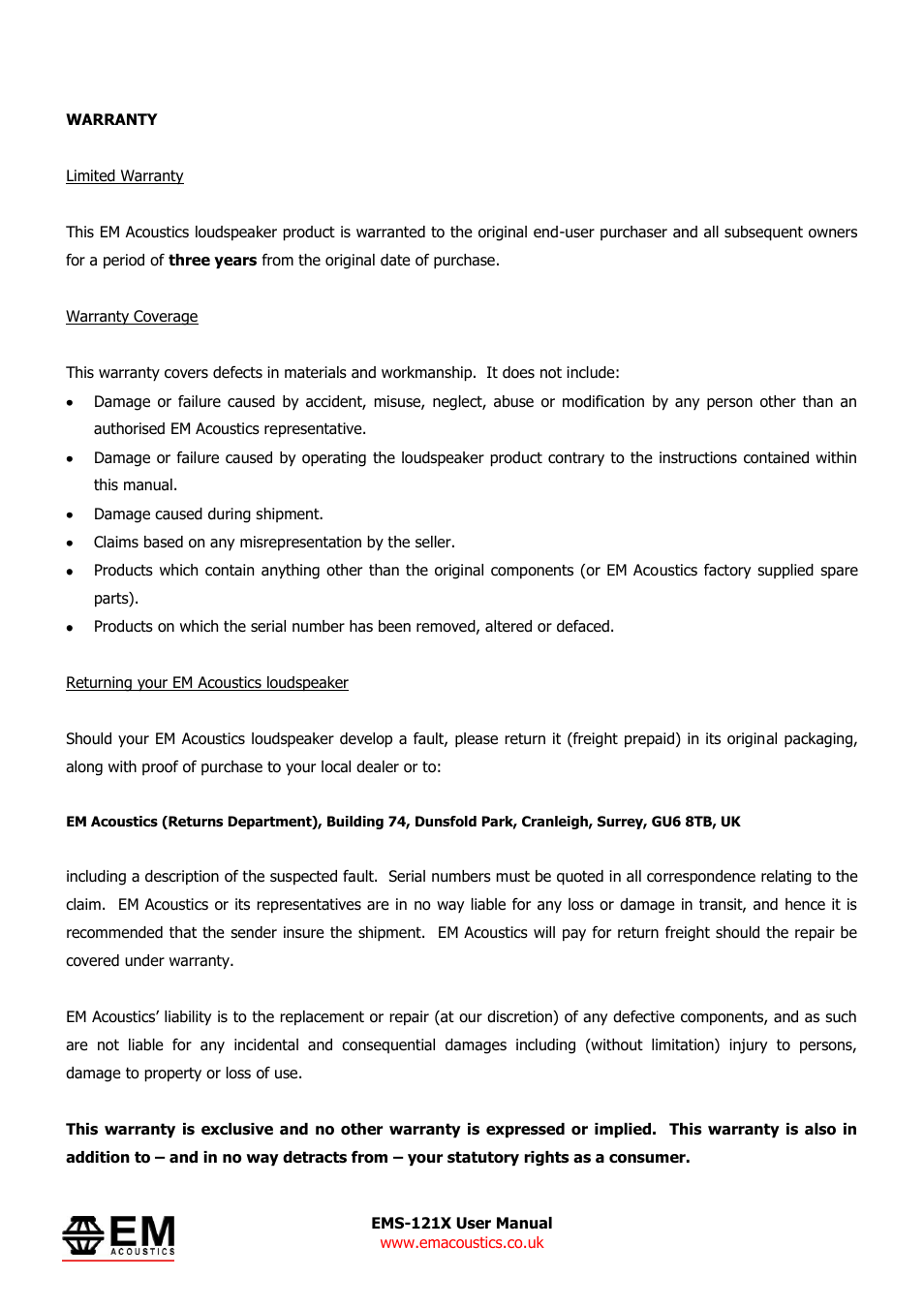 EM Acoustics EMS-121X fullrange passive loudspeaker User Manual | Page 12 / 13