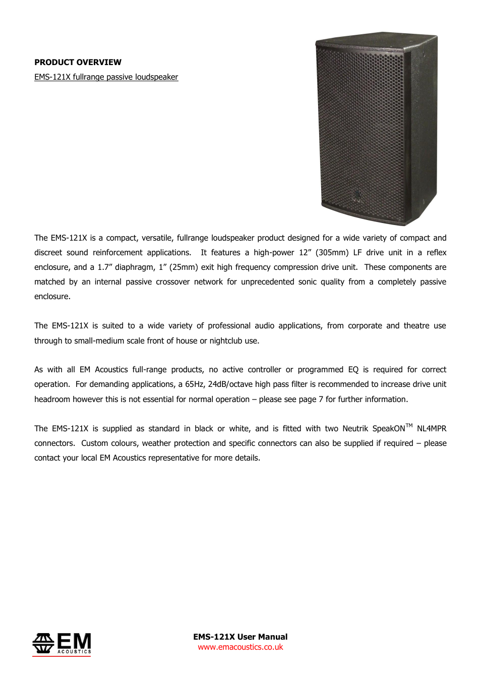 EM Acoustics EMS-121X fullrange passive loudspeaker User Manual | Page 4 / 13