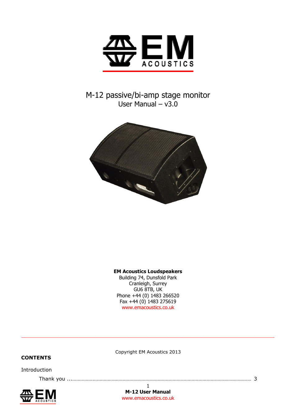 EM Acoustics M-12 passive/biamp stage monitor User Manual | 10 pages