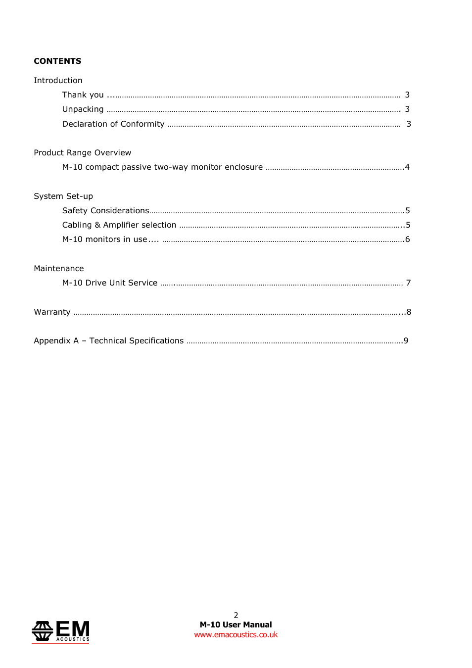 EM Acoustics M-10 compact passive stage monitor User Manual | Page 2 / 9