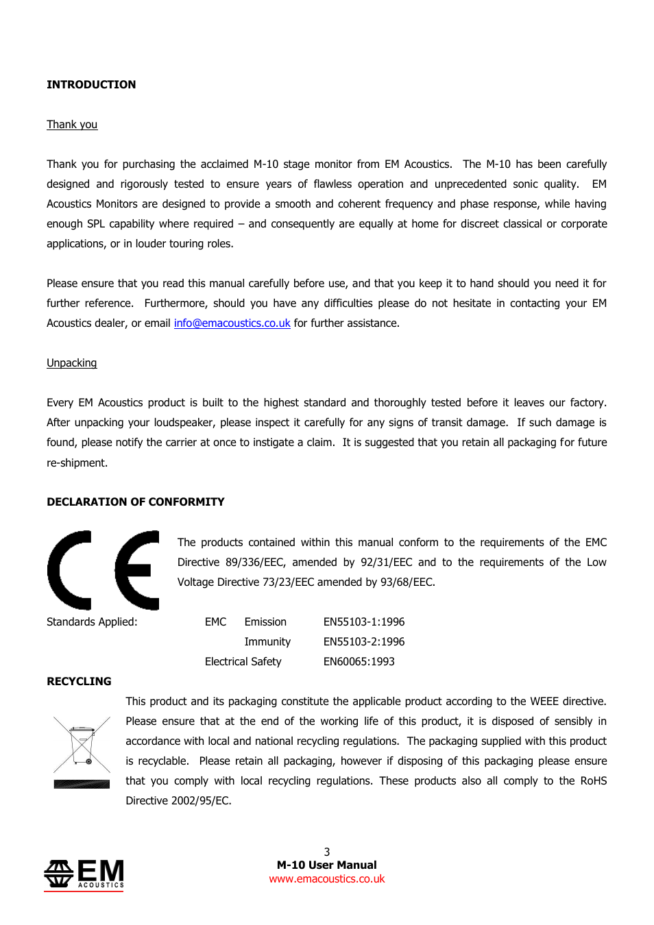 EM Acoustics M-10 compact passive stage monitor User Manual | Page 3 / 9