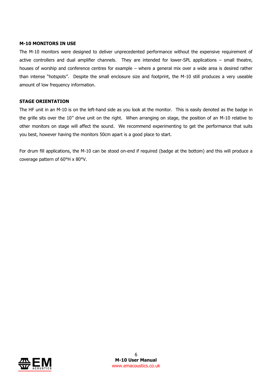 EM Acoustics M-10 compact passive stage monitor User Manual | Page 6 / 9