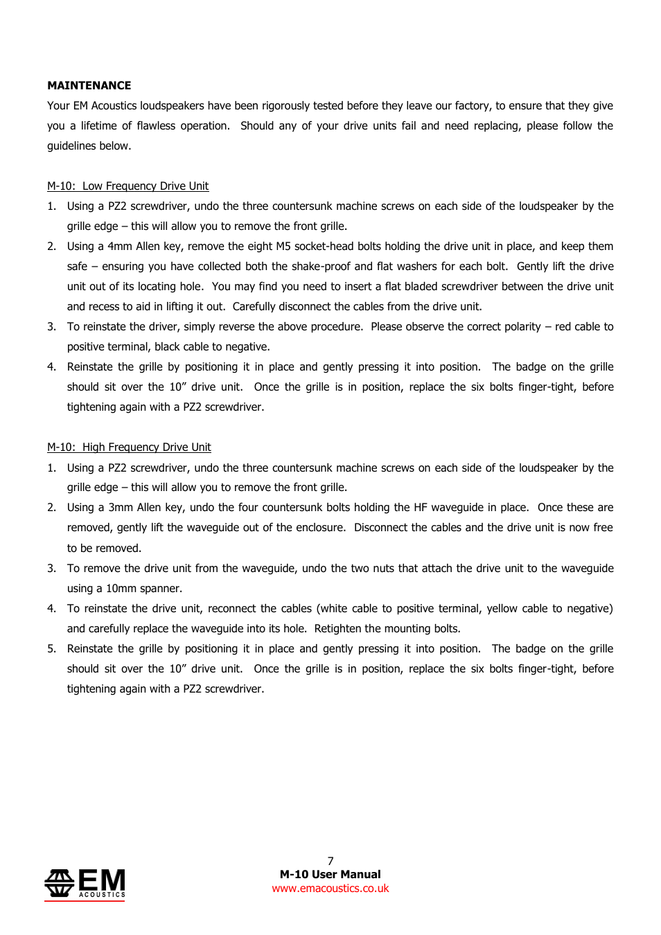 EM Acoustics M-10 compact passive stage monitor User Manual | Page 7 / 9