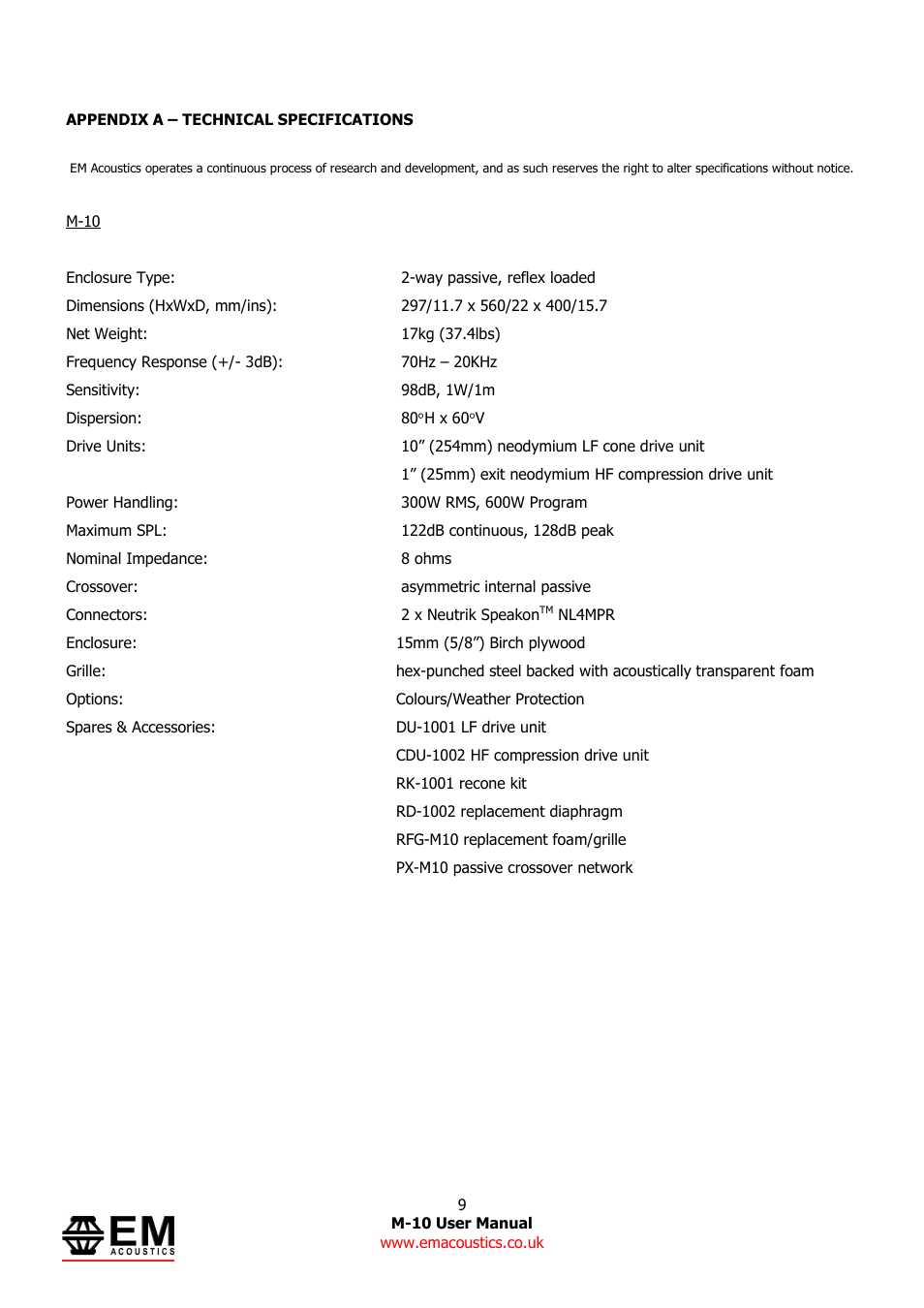 EM Acoustics M-10 compact passive stage monitor User Manual | Page 9 / 9