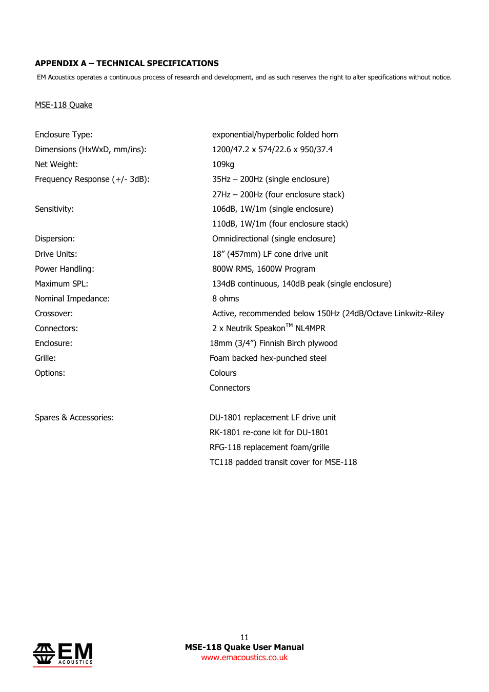 EM Acoustics MSE-118 Quake horn loaded subwoofer User Manual | Page 11 / 11