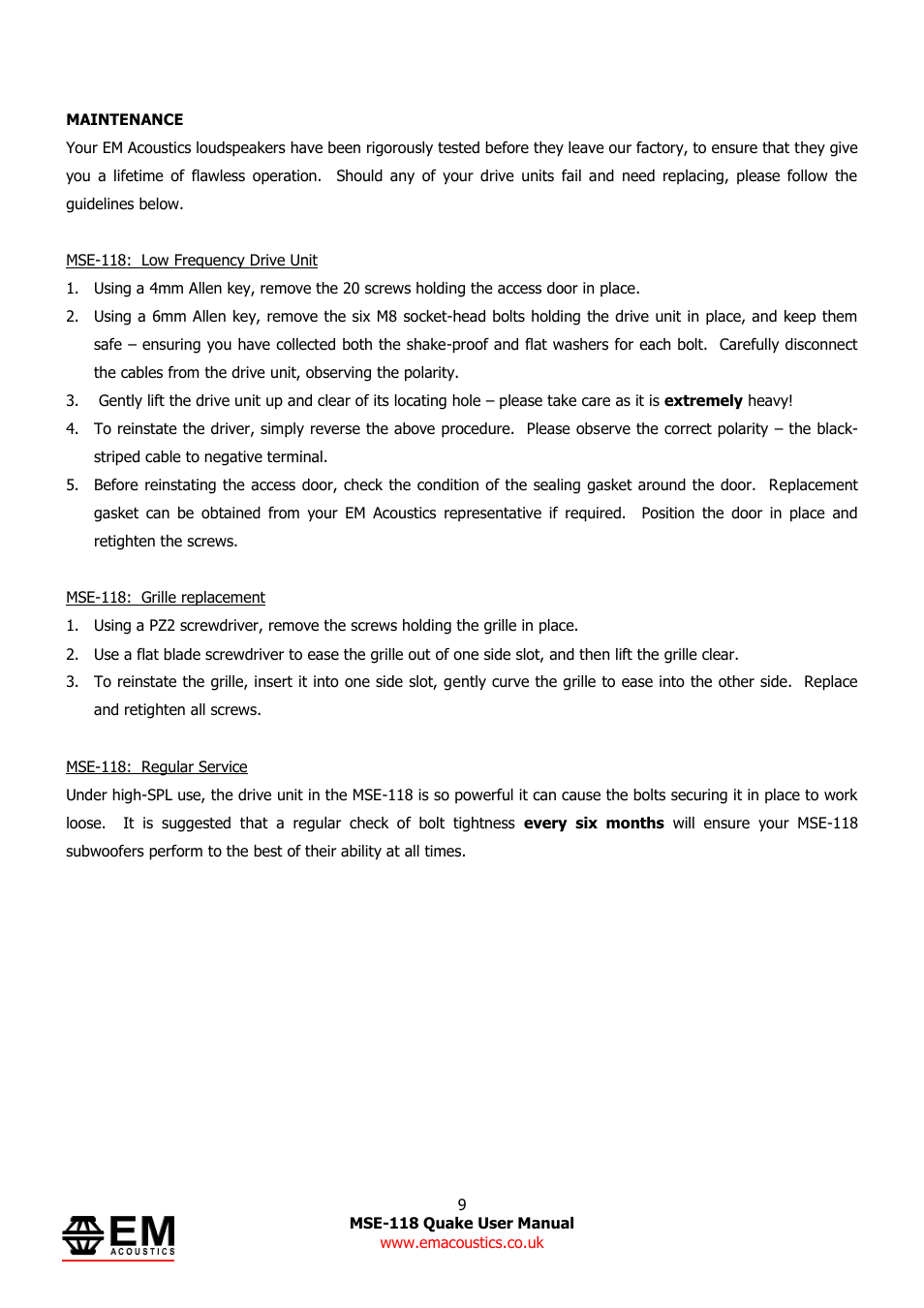 EM Acoustics MSE-118 Quake horn loaded subwoofer User Manual | Page 9 / 11