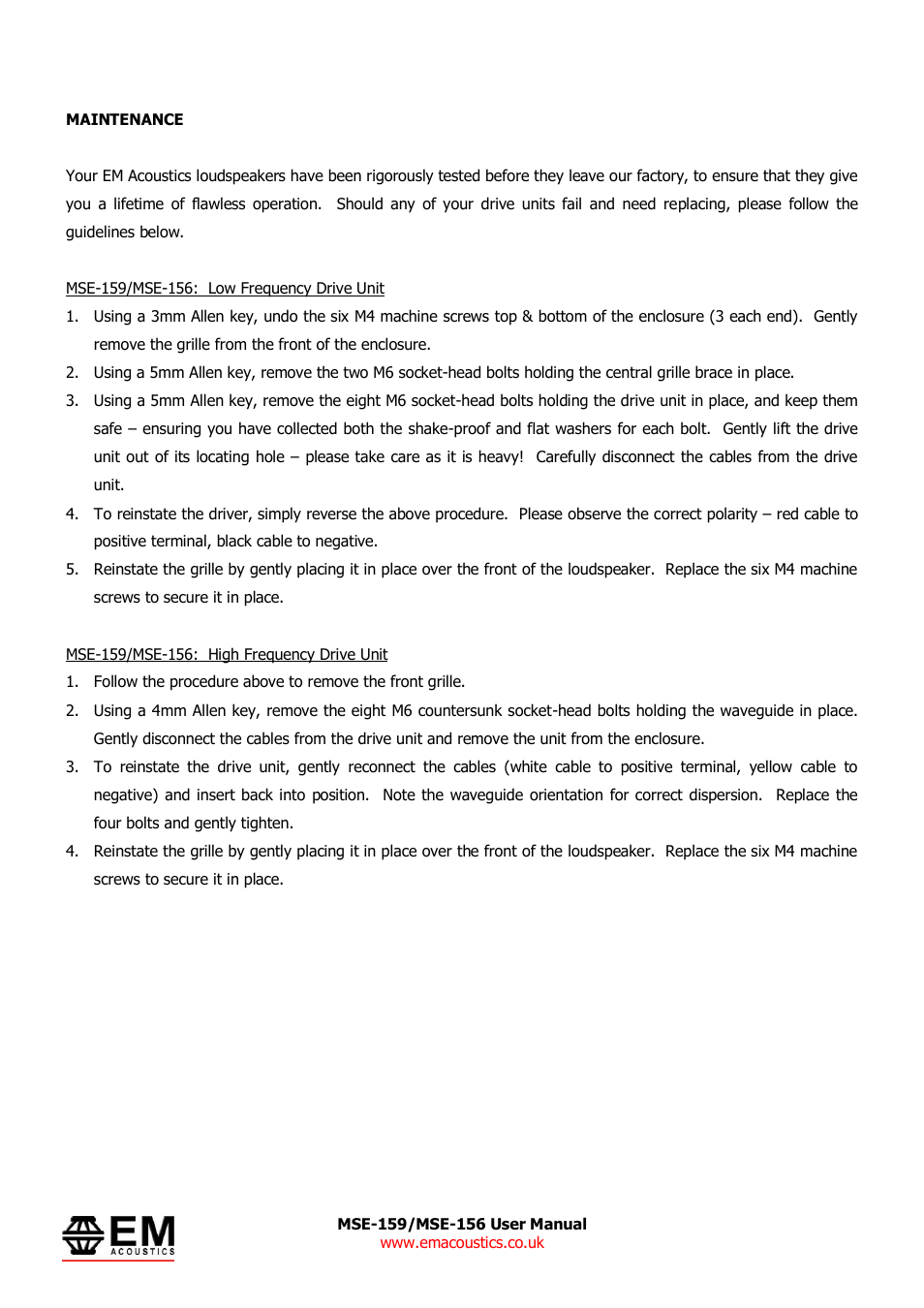 EM Acoustics MSE-156 passive fullrange loudspeaker User Manual | Page 11 / 13