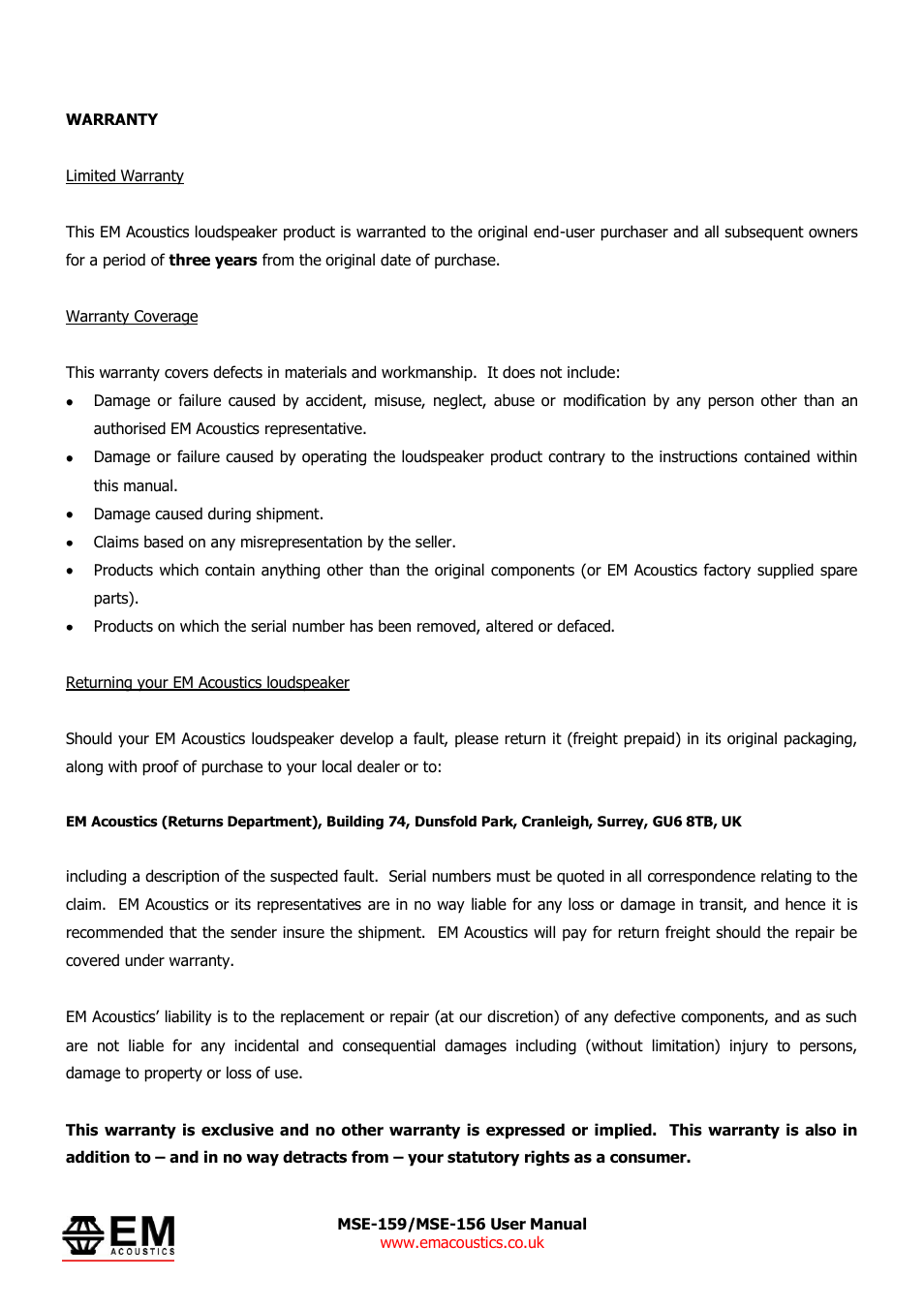 EM Acoustics MSE-156 passive fullrange loudspeaker User Manual | Page 12 / 13