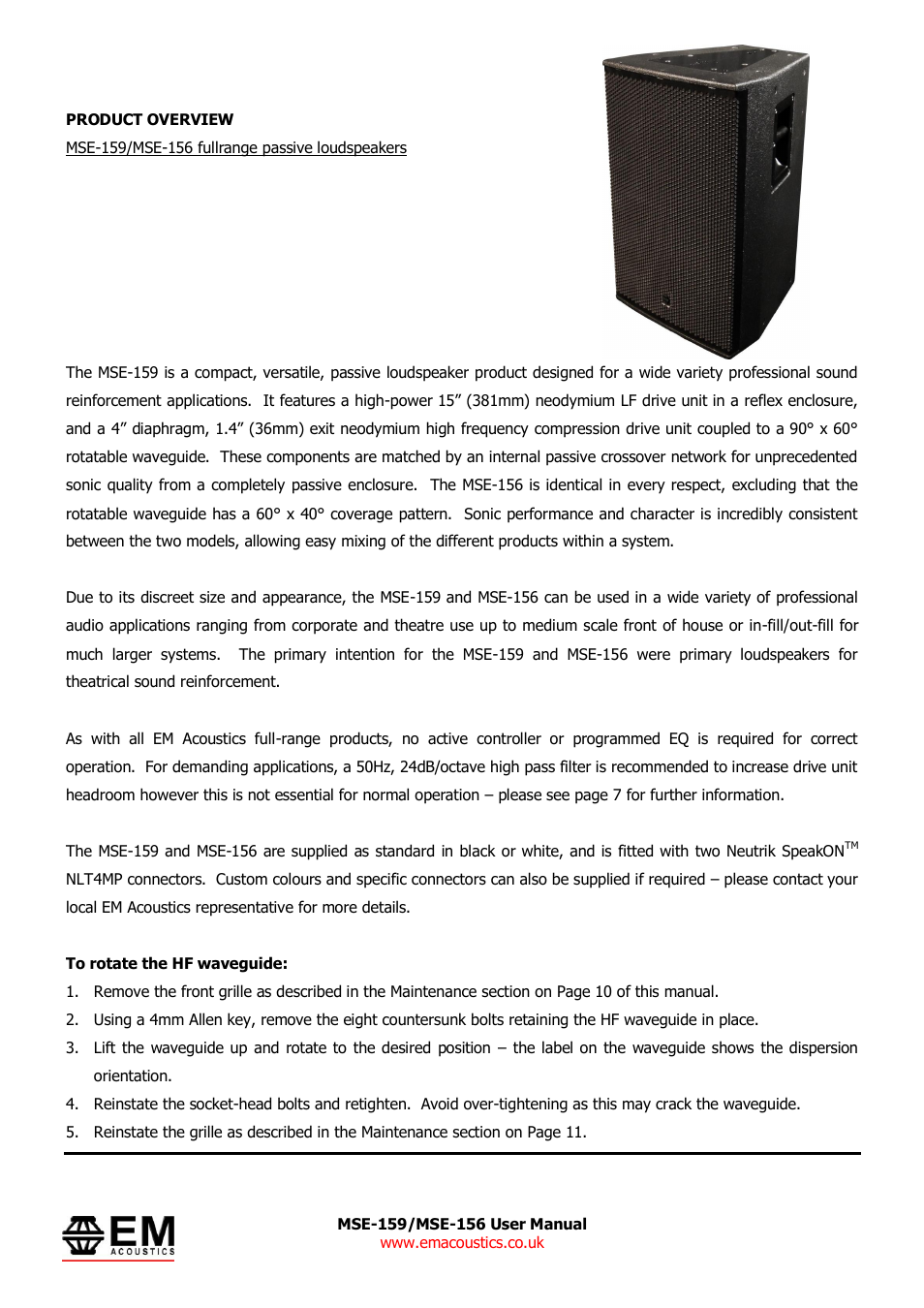 EM Acoustics MSE-156 passive fullrange loudspeaker User Manual | Page 4 / 13