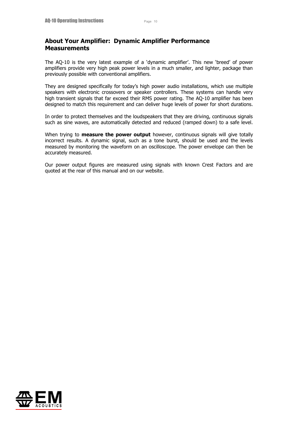 EM Acoustics AQ-10 switchmode amplifier User Manual | Page 10 / 20