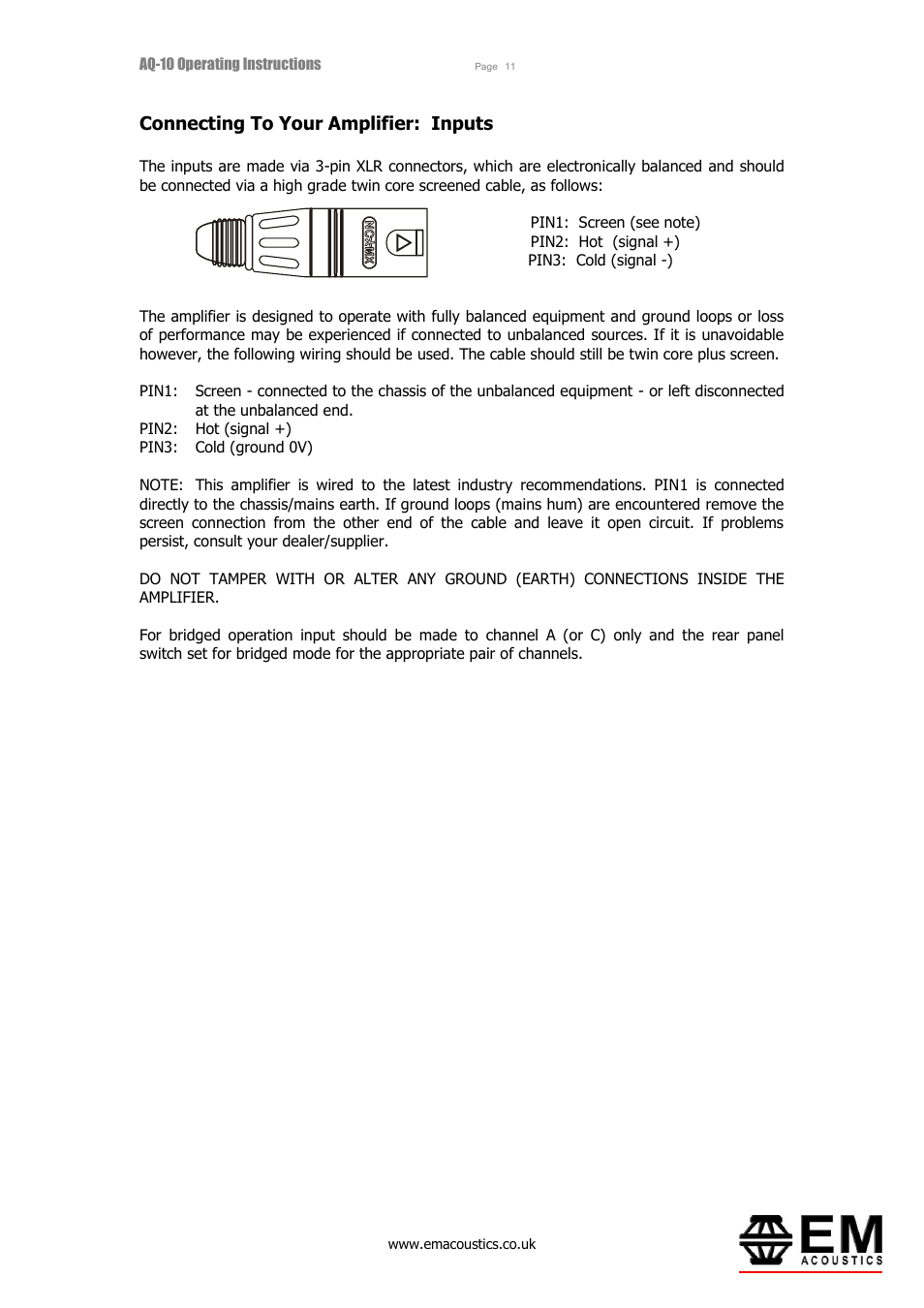 Connecting to your amplifier: inputs | EM Acoustics AQ-10 switchmode amplifier User Manual | Page 11 / 20