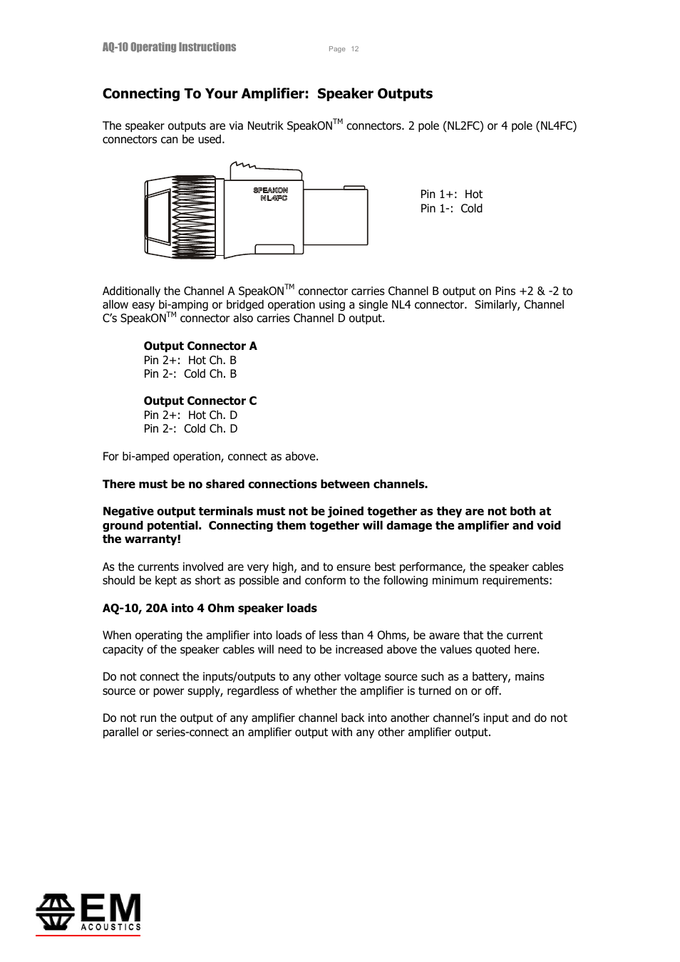 Connecting to your amplifier: speaker outputs | EM Acoustics AQ-10 switchmode amplifier User Manual | Page 12 / 20