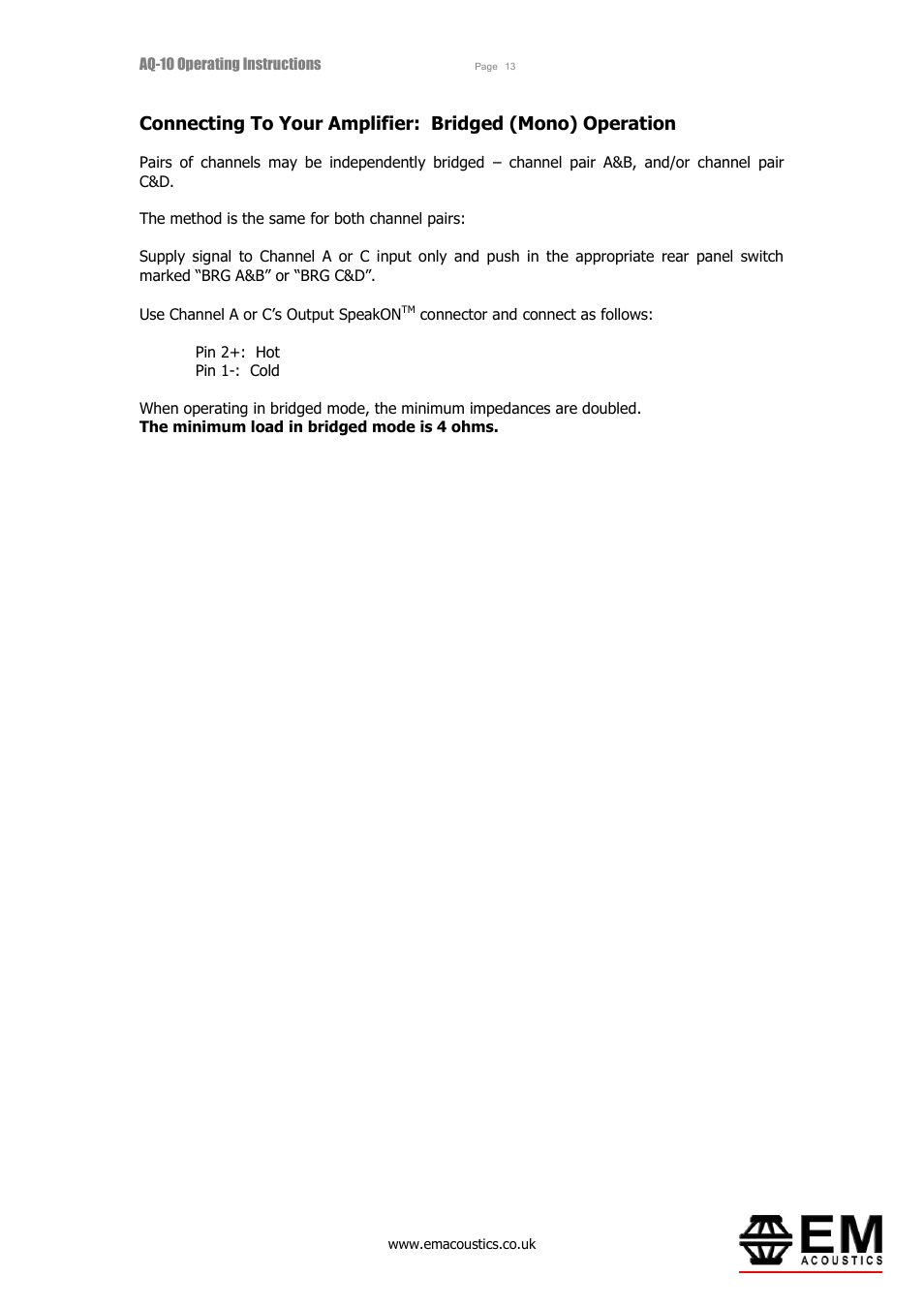 EM Acoustics AQ-10 switchmode amplifier User Manual | Page 13 / 20