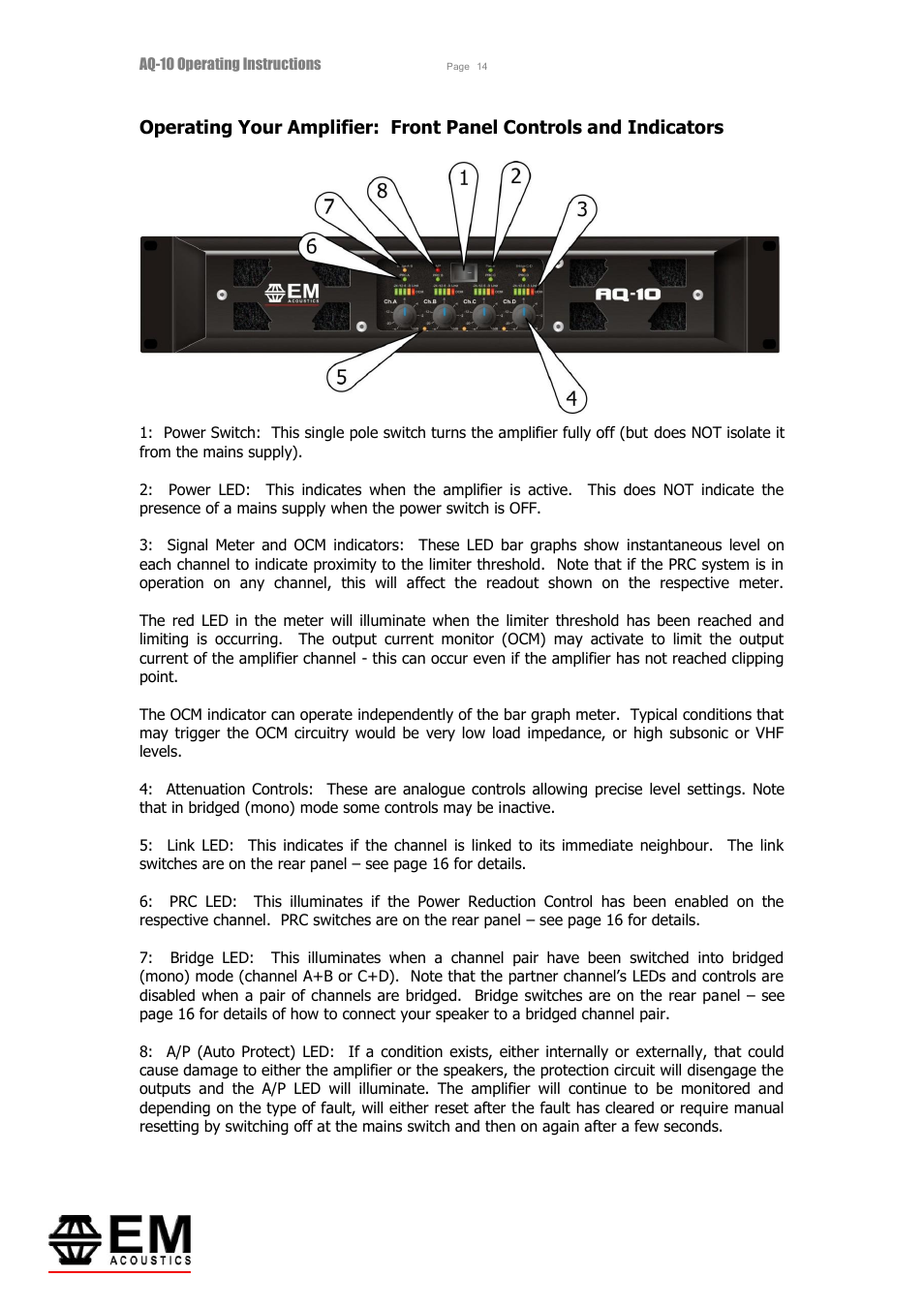 EM Acoustics AQ-10 switchmode amplifier User Manual | Page 14 / 20