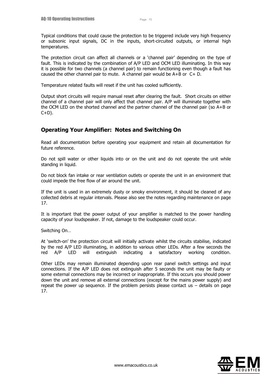 Operating your amplifier: notes and switching on | EM Acoustics AQ-10 switchmode amplifier User Manual | Page 15 / 20