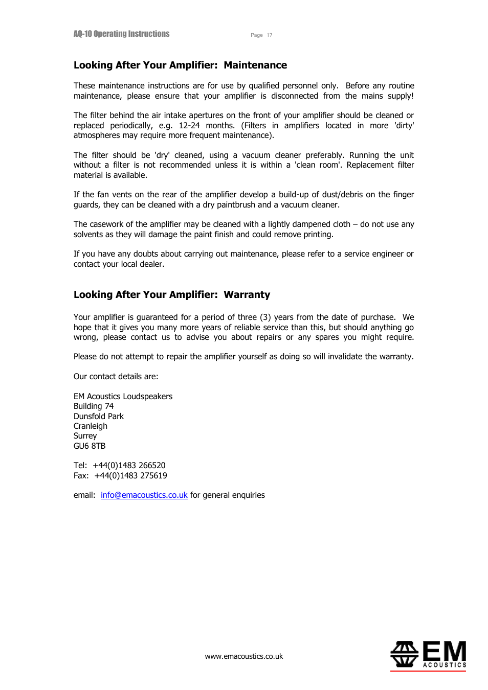 Looking after your amplifier: maintenance, Looking after your amplifier: warranty | EM Acoustics AQ-10 switchmode amplifier User Manual | Page 17 / 20