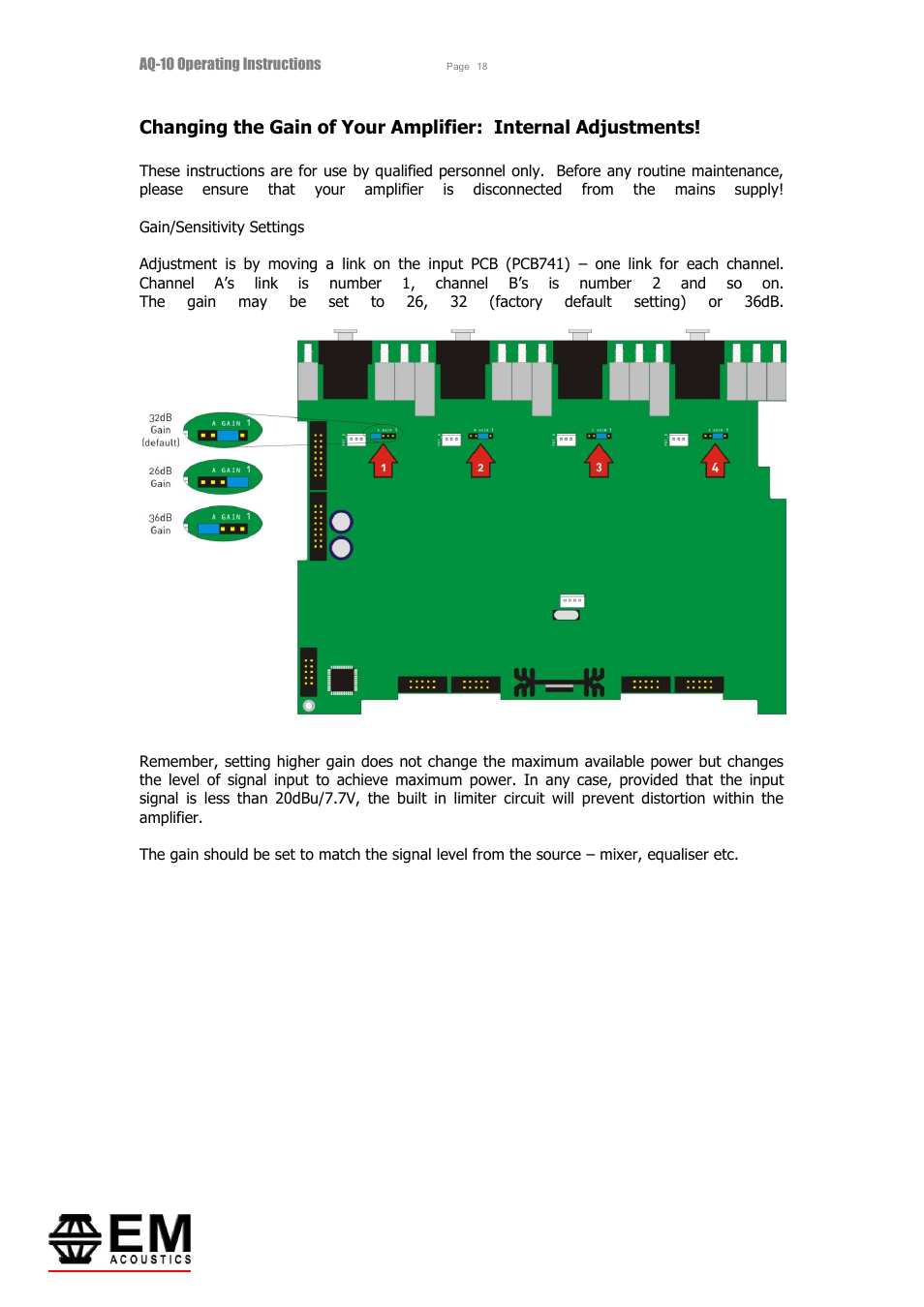 EM Acoustics AQ-10 switchmode amplifier User Manual | Page 18 / 20