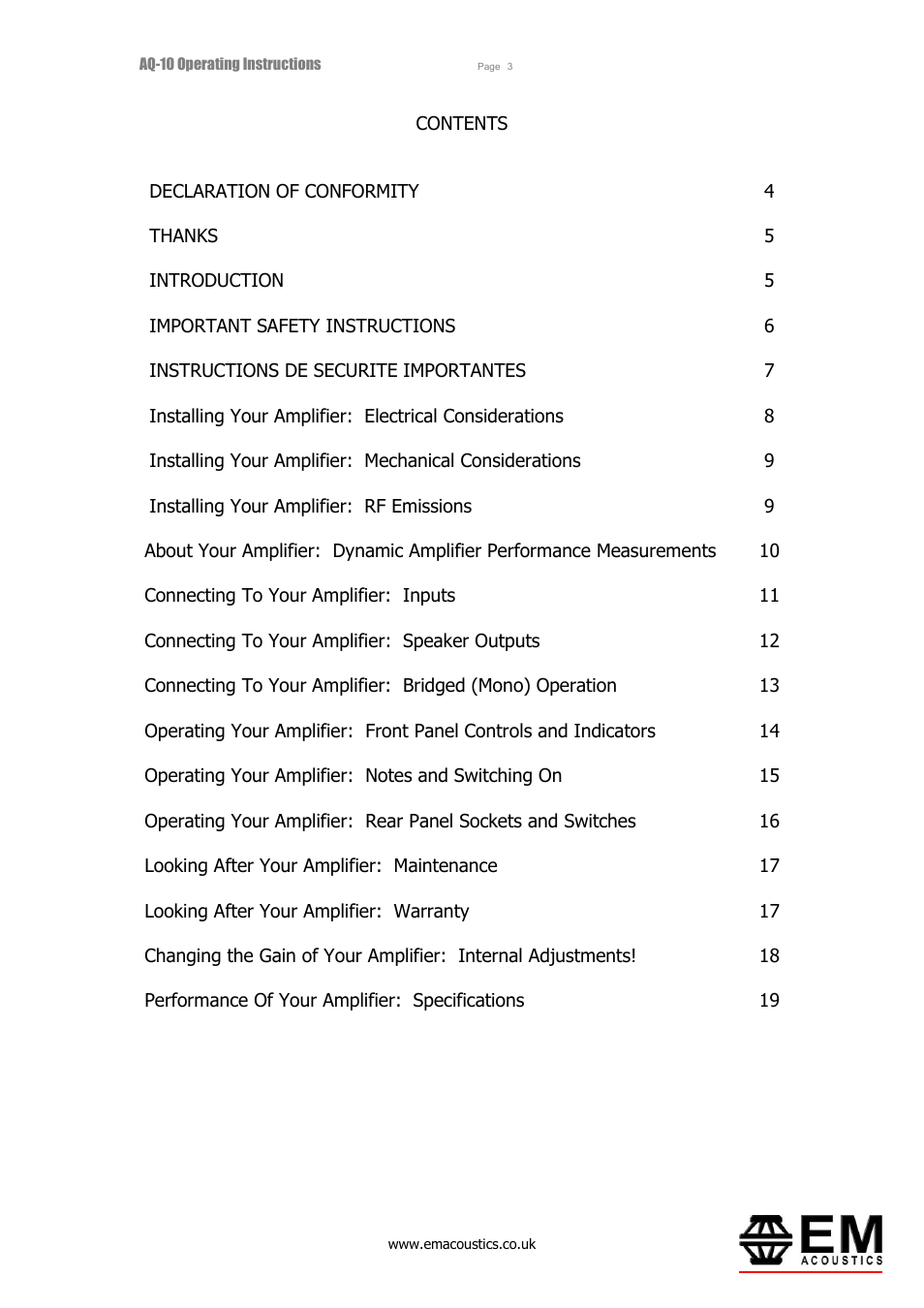 EM Acoustics AQ-10 switchmode amplifier User Manual | Page 3 / 20