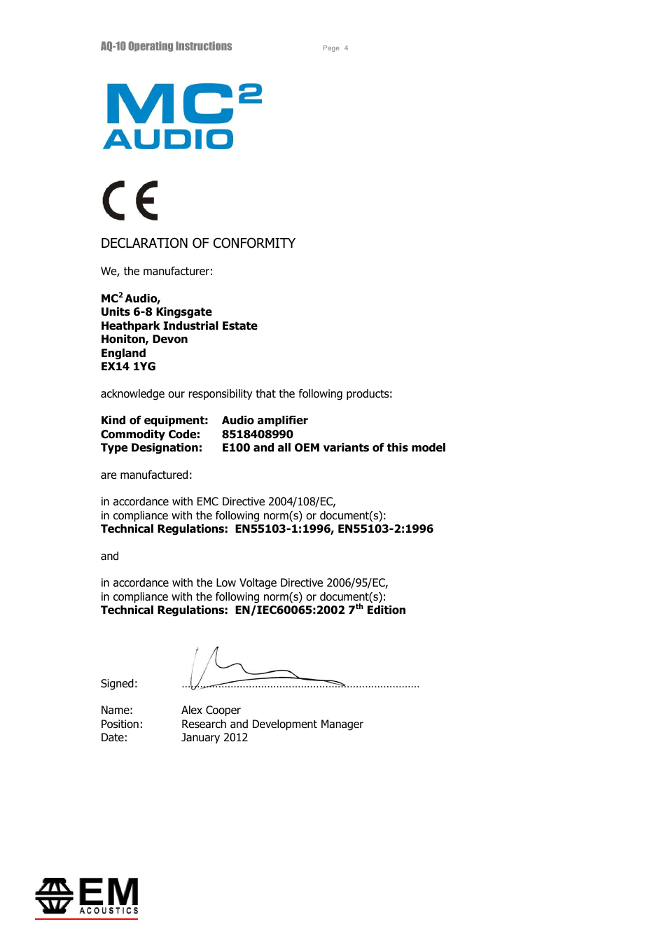 Declaration of conformity | EM Acoustics AQ-10 switchmode amplifier User Manual | Page 4 / 20