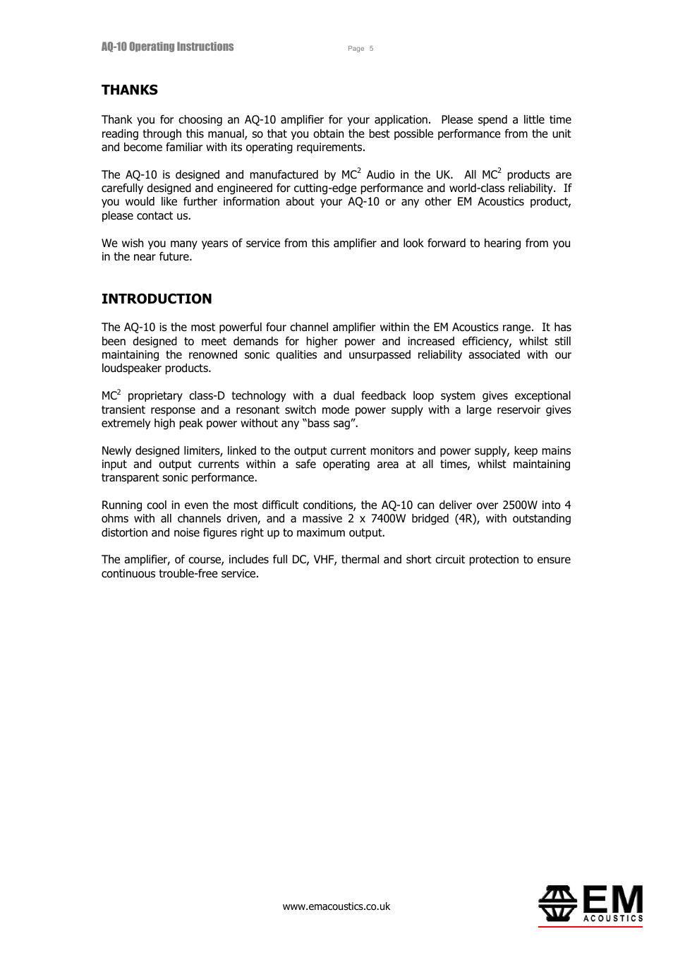 Thanks, Introduction | EM Acoustics AQ-10 switchmode amplifier User Manual | Page 5 / 20