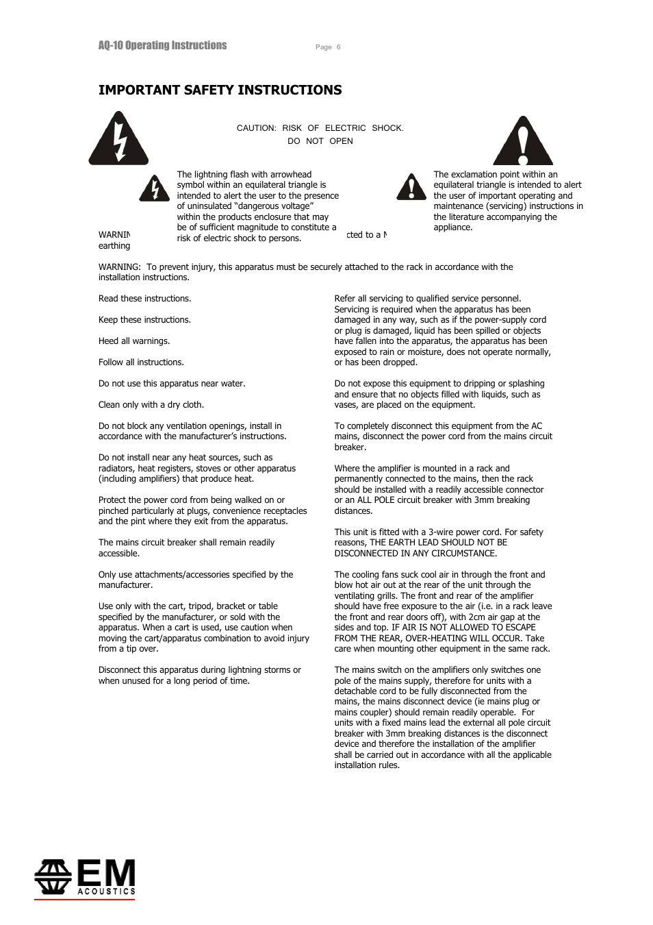 Important safety instructions, Instructions de securite importantes, Caution: risk of electric shock. do not open | EM Acoustics AQ-10 switchmode amplifier User Manual | Page 6 / 20