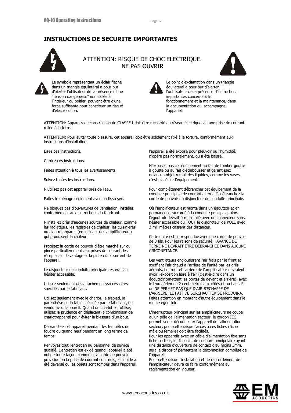 Instructions de securite importantes | EM Acoustics AQ-10 switchmode amplifier User Manual | Page 7 / 20