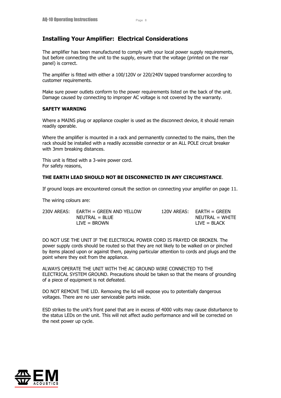 EM Acoustics AQ-10 switchmode amplifier User Manual | Page 8 / 20