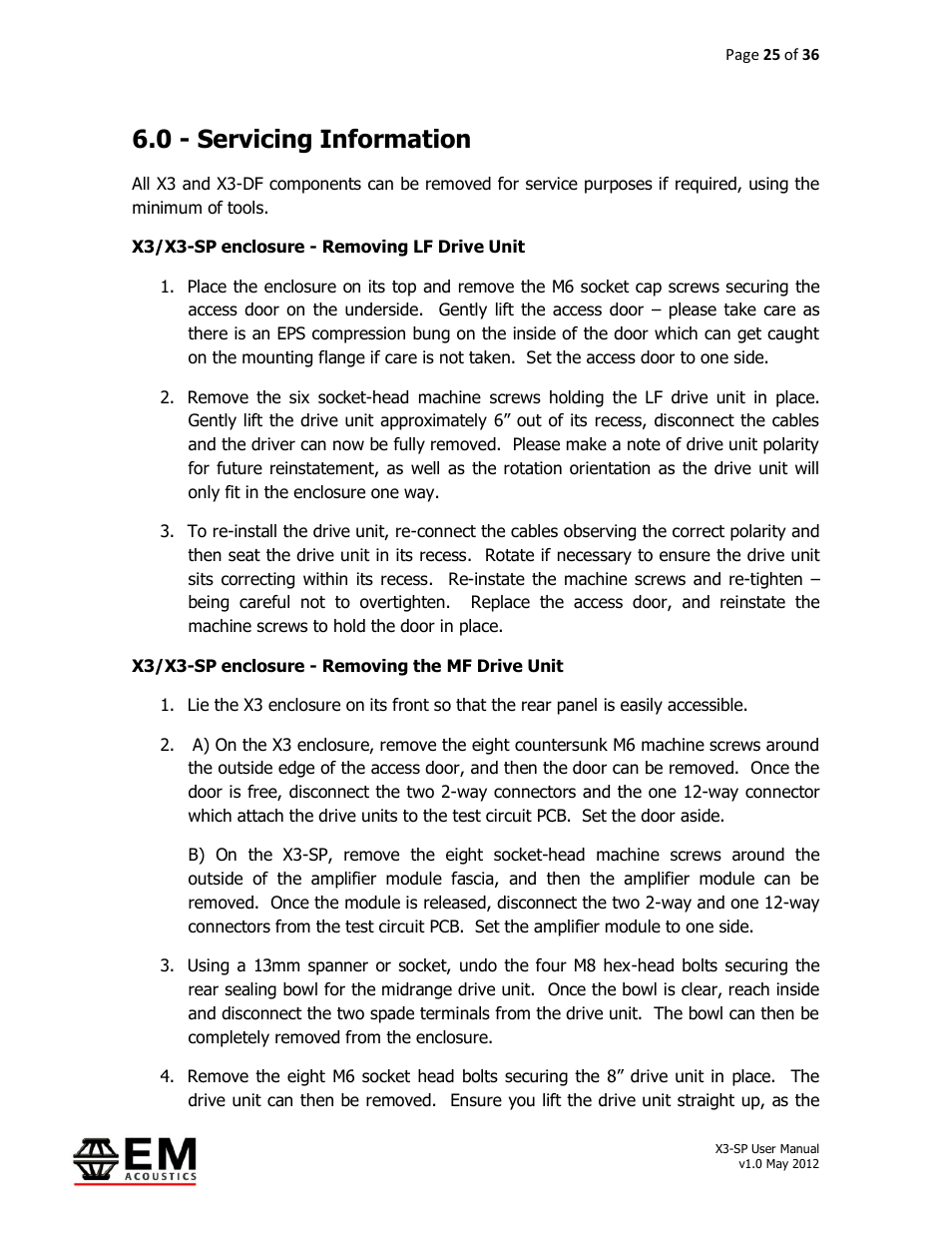 0 - servicing information | EM Acoustics X3-DFSP self-powered downfill element User Manual | Page 25 / 36