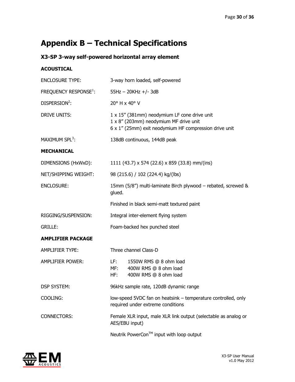 Appendix b – technical specifications | EM Acoustics X3-DFSP self-powered downfill element User Manual | Page 30 / 36