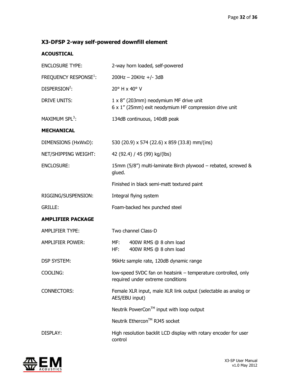 EM Acoustics X3-DFSP self-powered downfill element User Manual | Page 32 / 36