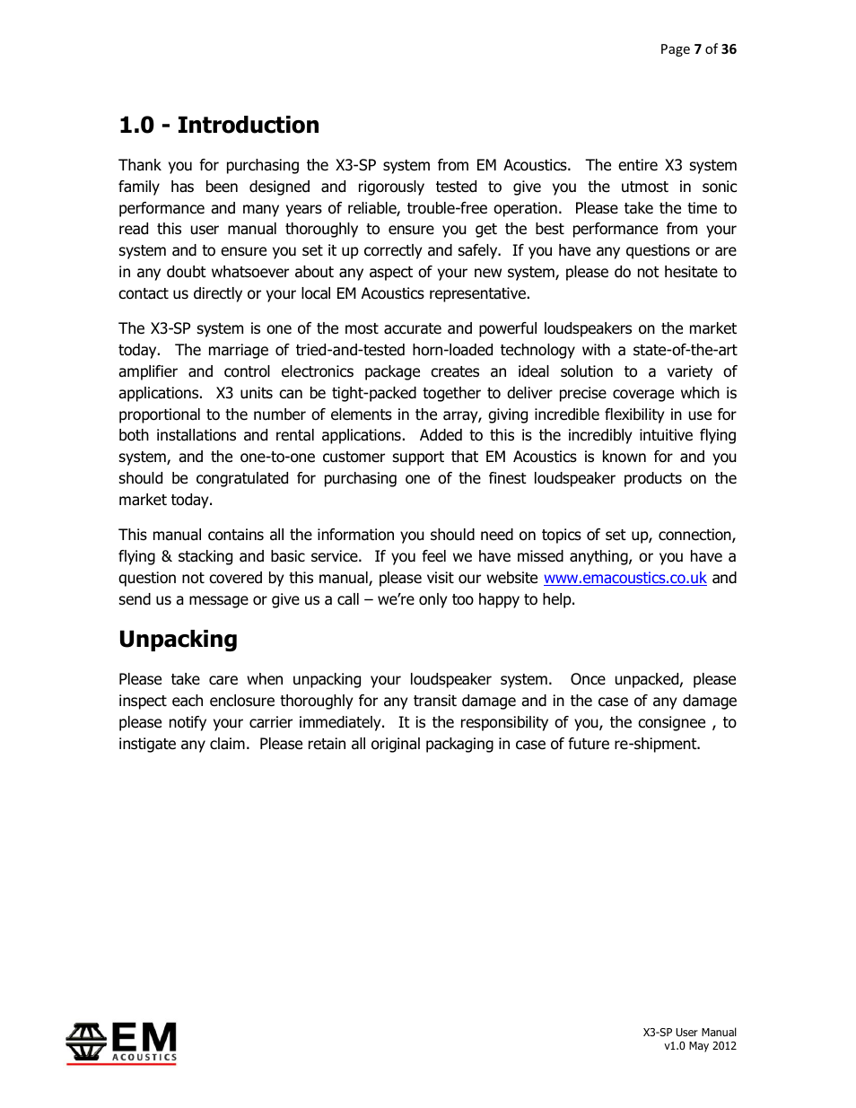 0 - introduction, Unpacking | EM Acoustics X3-DFSP self-powered downfill element User Manual | Page 7 / 36