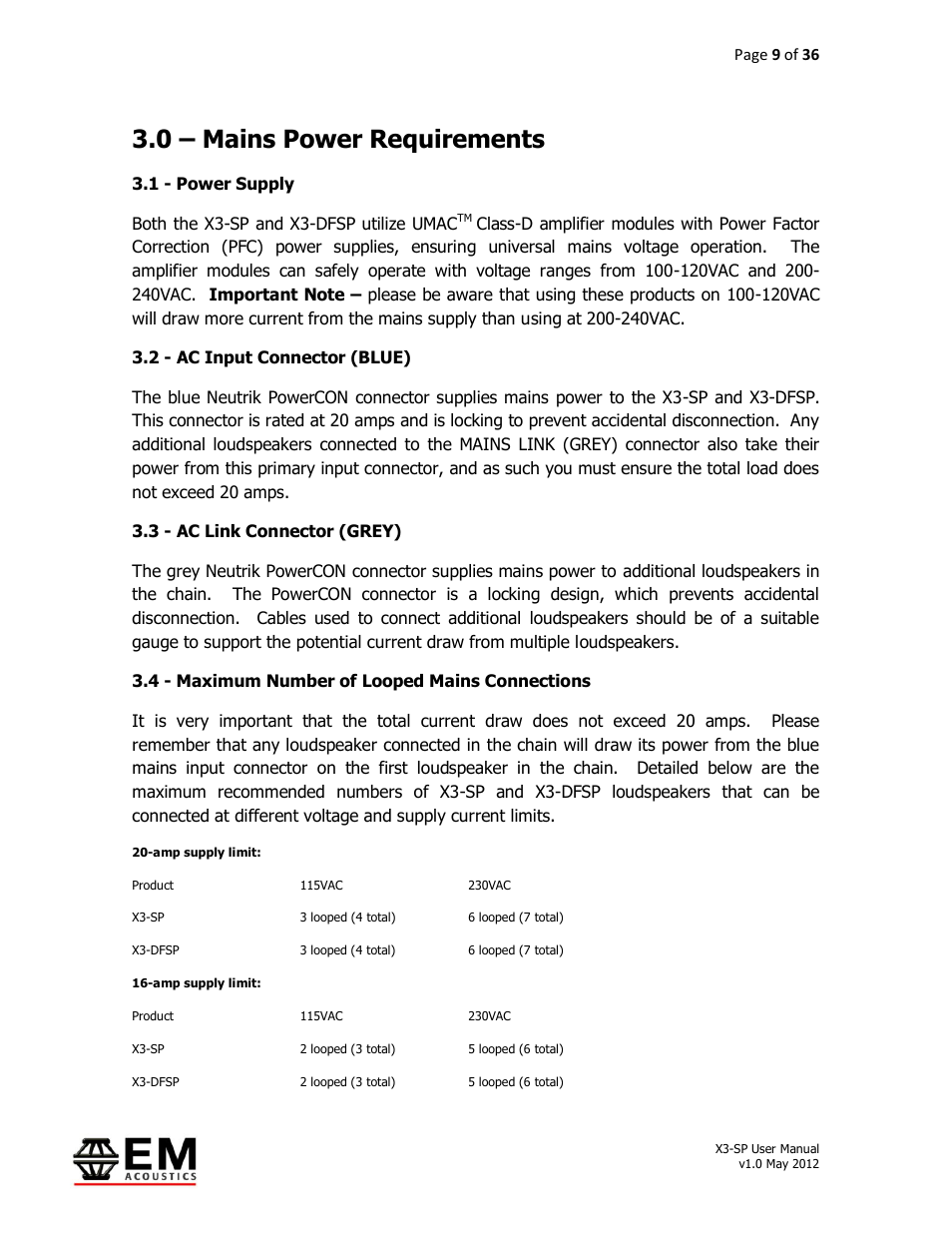 0 – mains power requirements | EM Acoustics X3-DFSP self-powered downfill element User Manual | Page 9 / 36