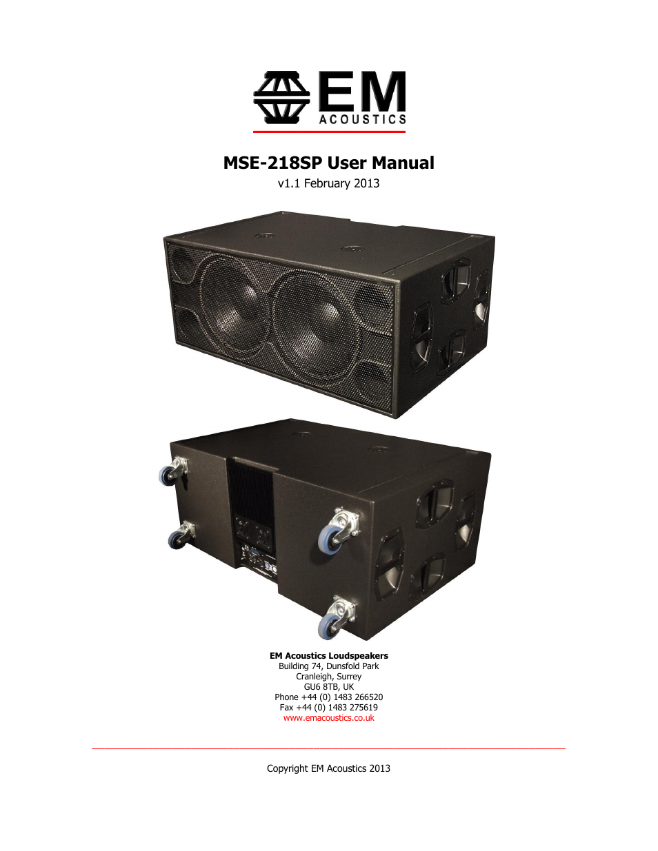 EM Acoustics MSE-218SP self-powered subwoofer User Manual | 20 pages