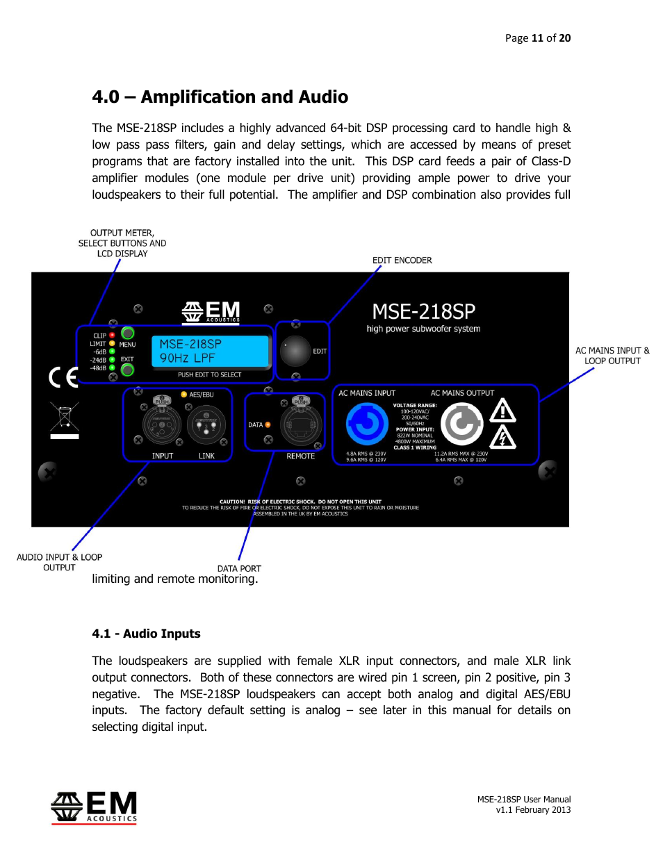 0 – amplification and audio | EM Acoustics MSE-218SP self-powered subwoofer User Manual | Page 11 / 20