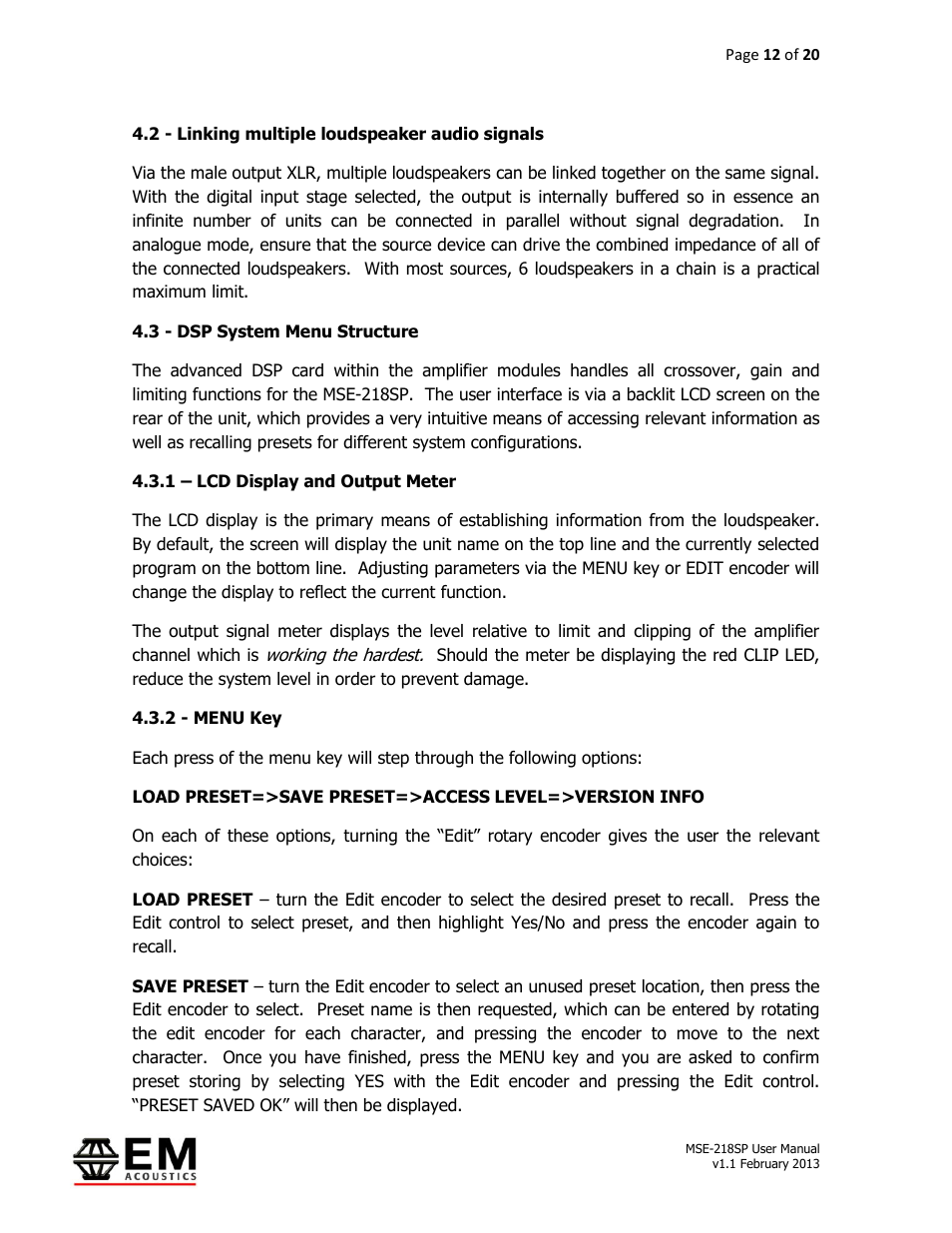 EM Acoustics MSE-218SP self-powered subwoofer User Manual | Page 12 / 20