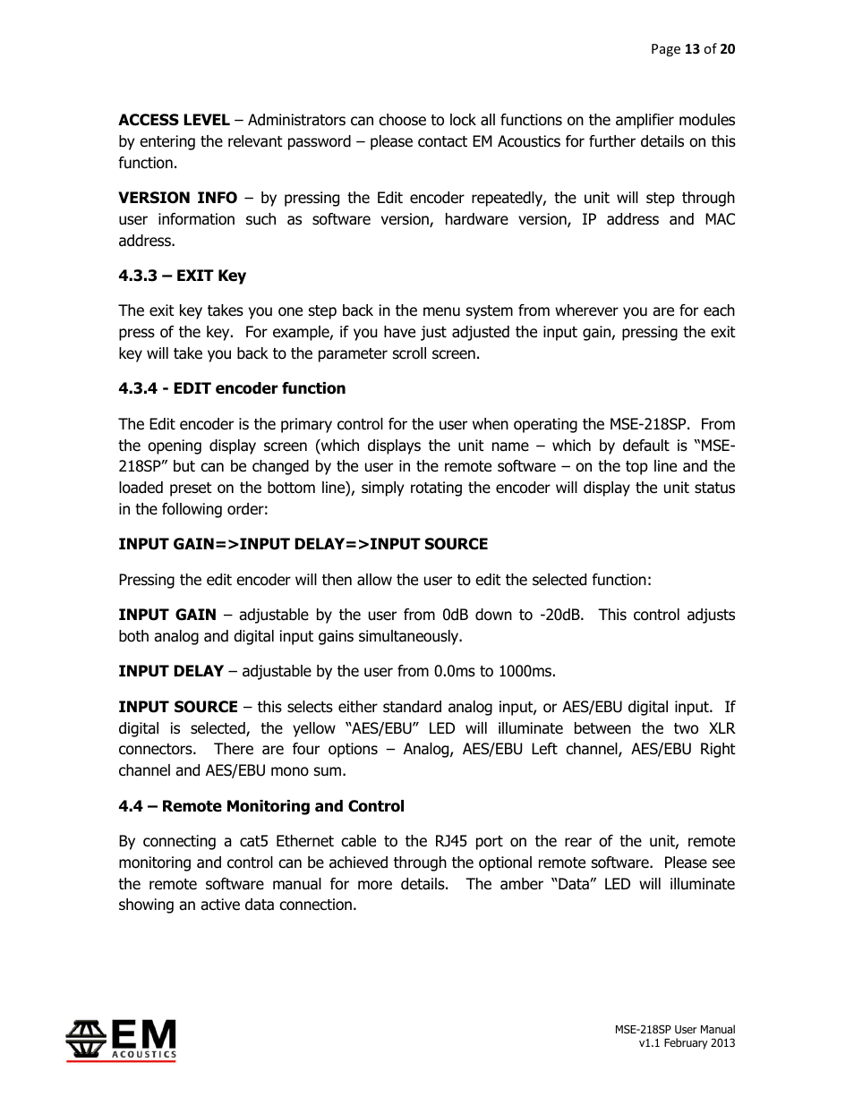 EM Acoustics MSE-218SP self-powered subwoofer User Manual | Page 13 / 20