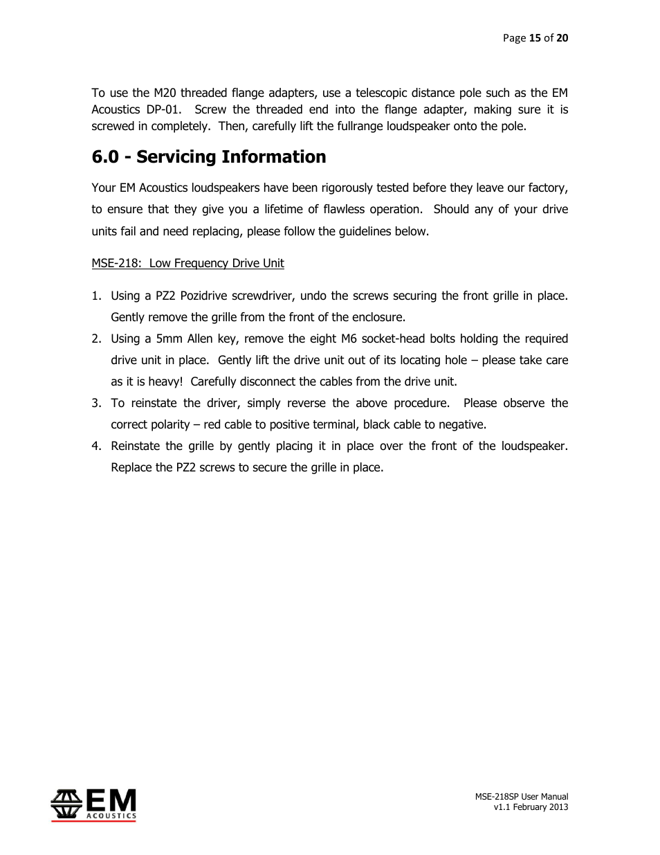 0 - servicing information | EM Acoustics MSE-218SP self-powered subwoofer User Manual | Page 15 / 20