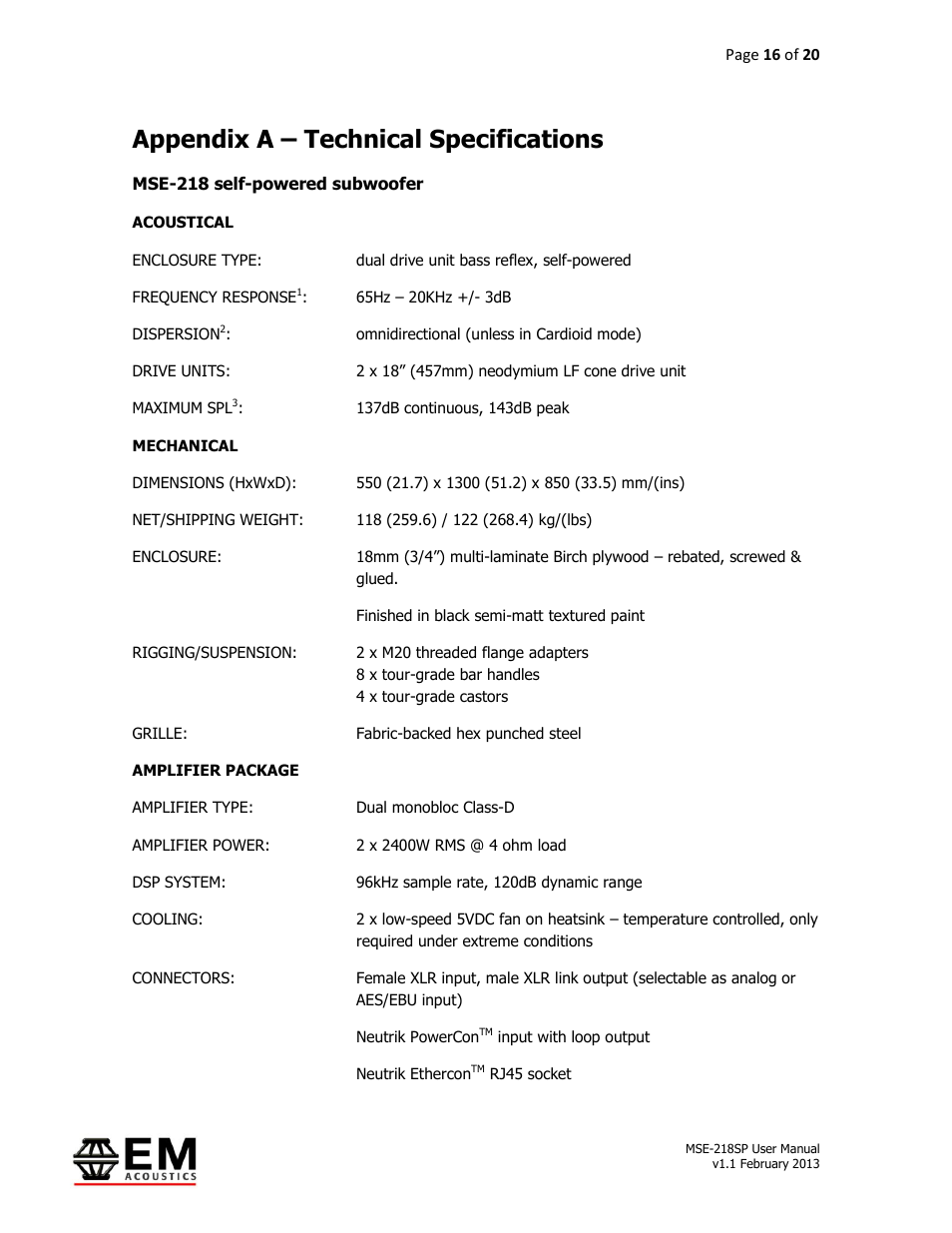 Appendix a – technical specifications | EM Acoustics MSE-218SP self-powered subwoofer User Manual | Page 16 / 20