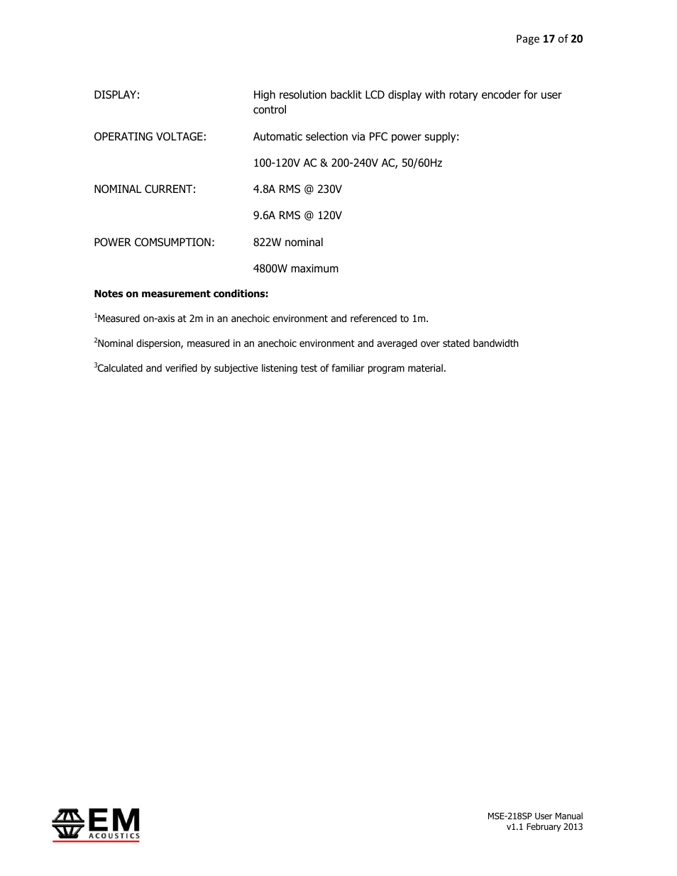 EM Acoustics MSE-218SP self-powered subwoofer User Manual | Page 17 / 20