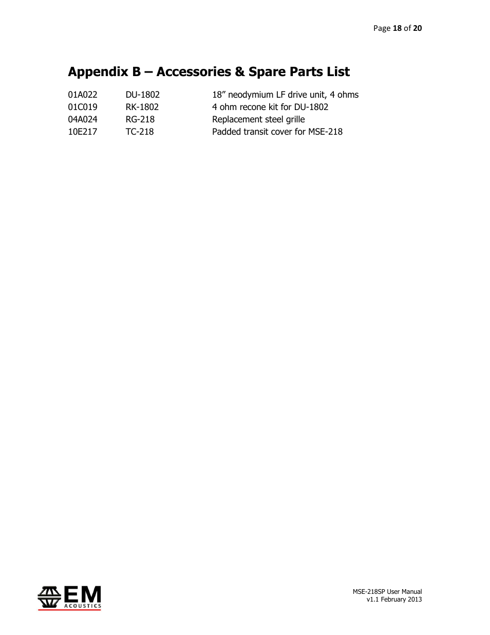 Appendix b – accessories & spare parts list | EM Acoustics MSE-218SP self-powered subwoofer User Manual | Page 18 / 20