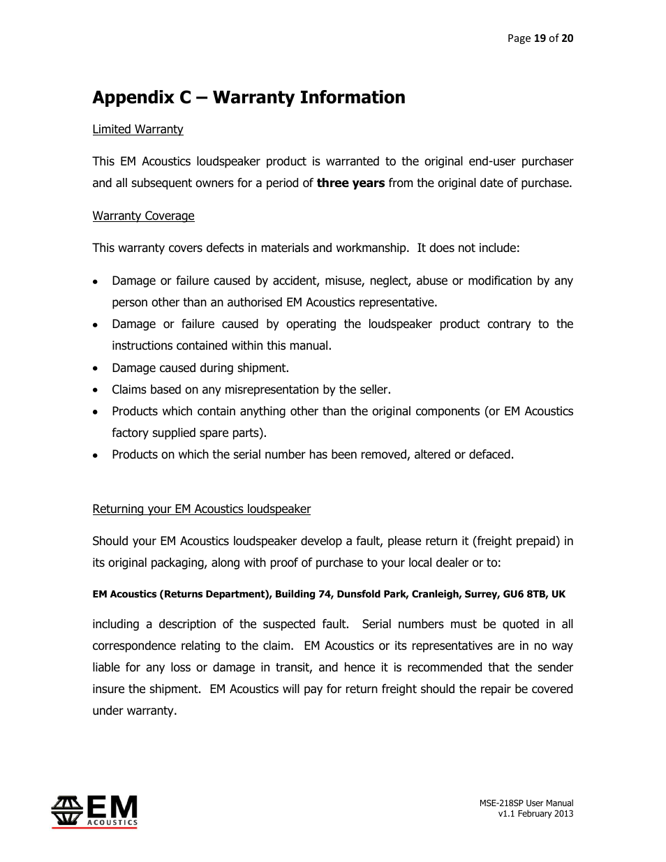 Appendix c – warranty information | EM Acoustics MSE-218SP self-powered subwoofer User Manual | Page 19 / 20