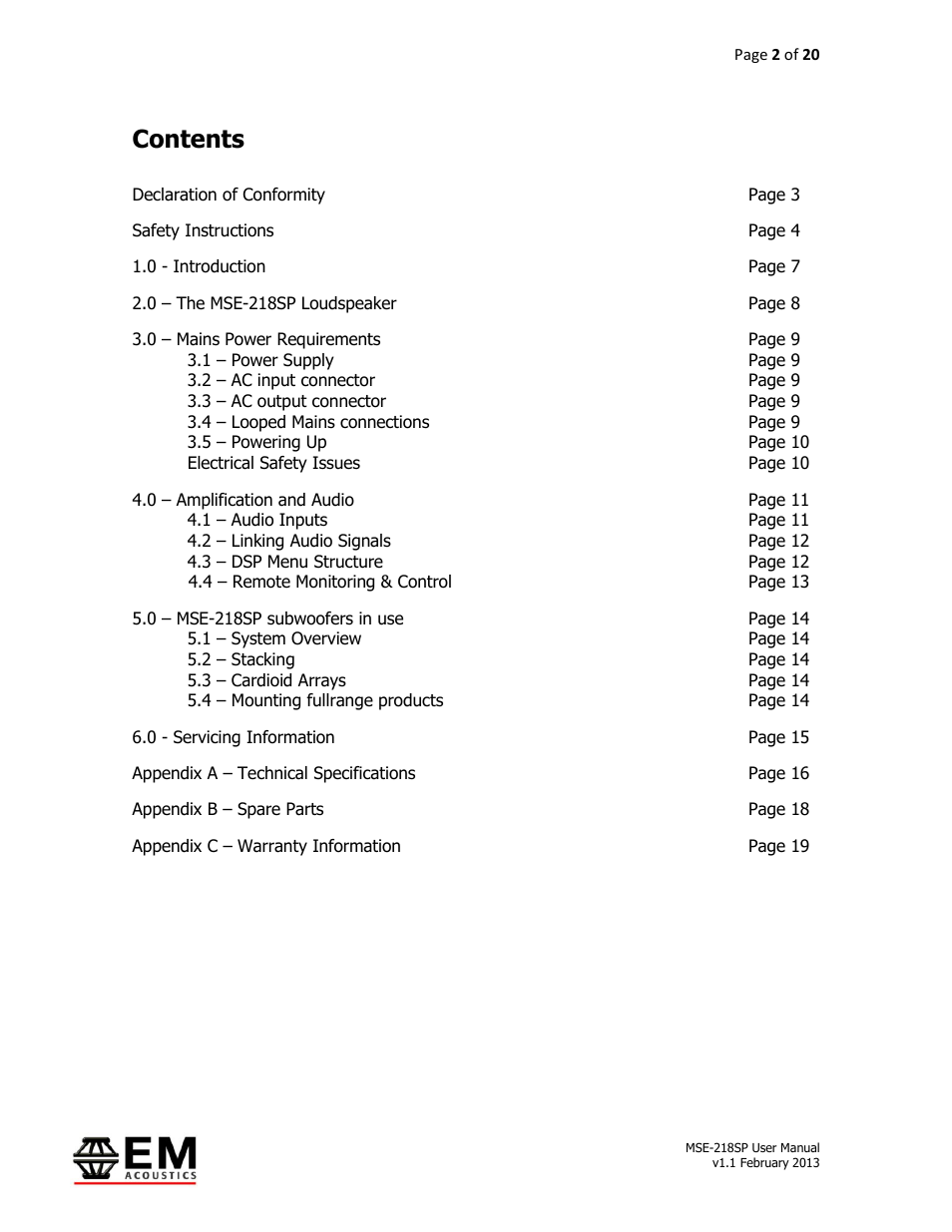 EM Acoustics MSE-218SP self-powered subwoofer User Manual | Page 2 / 20