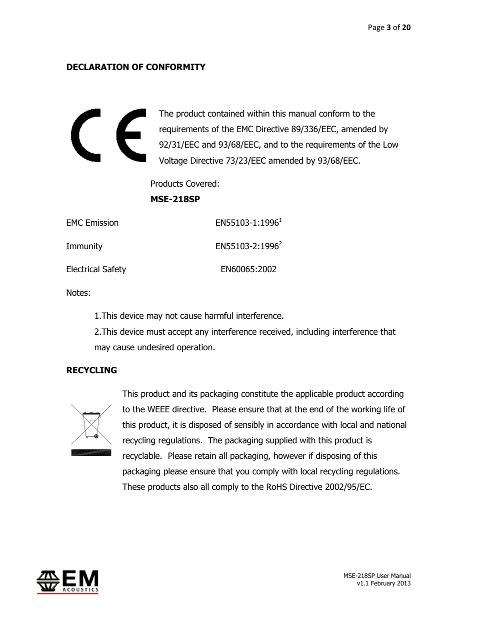 EM Acoustics MSE-218SP self-powered subwoofer User Manual | Page 3 / 20