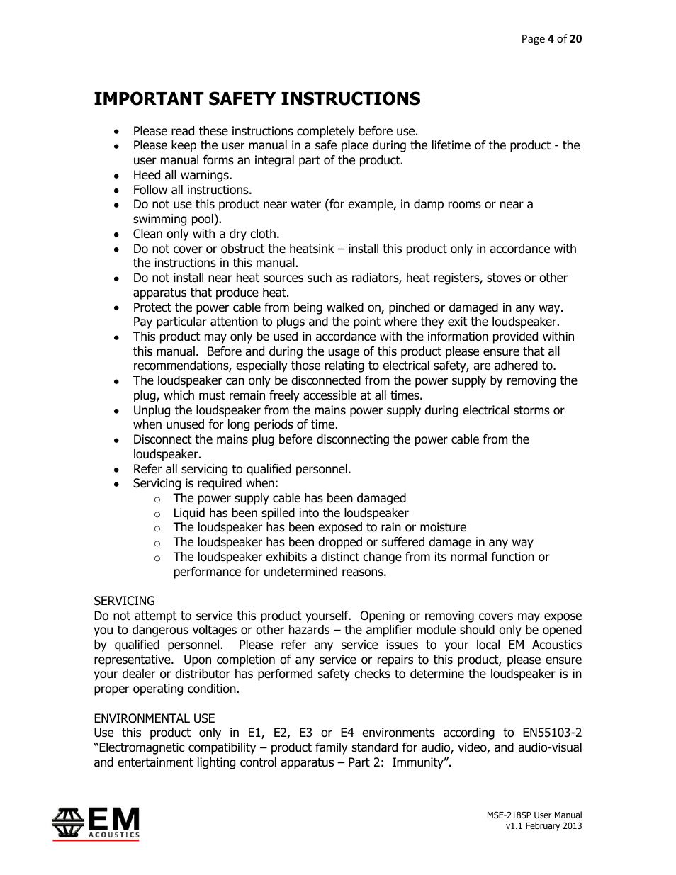 Important safety instructions | EM Acoustics MSE-218SP self-powered subwoofer User Manual | Page 4 / 20