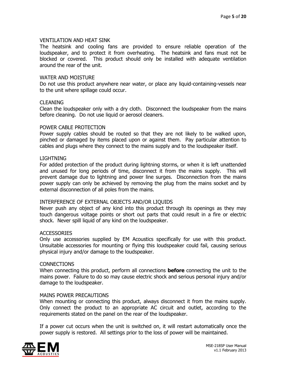 EM Acoustics MSE-218SP self-powered subwoofer User Manual | Page 5 / 20