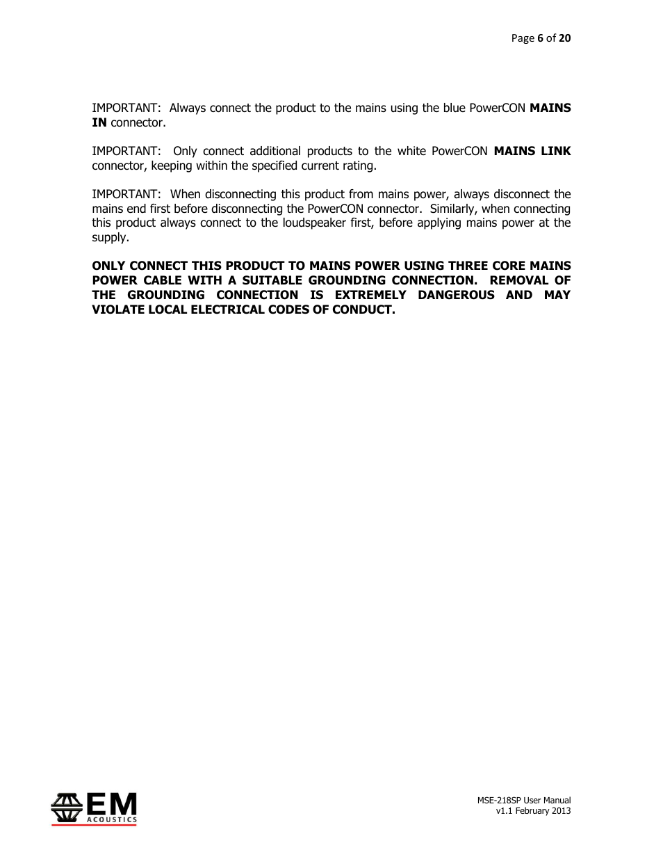 EM Acoustics MSE-218SP self-powered subwoofer User Manual | Page 6 / 20