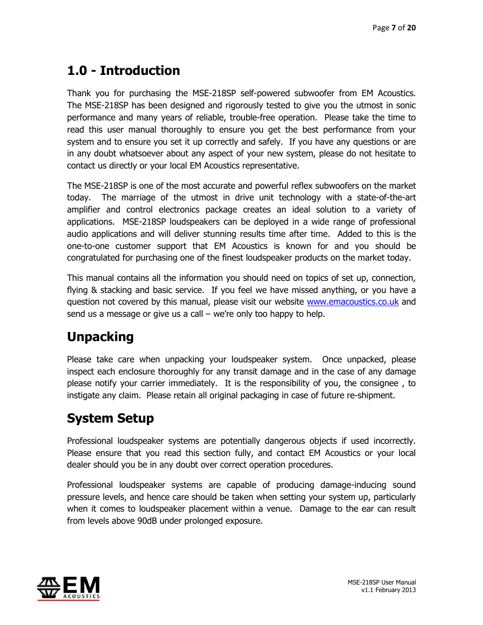 0 - introduction, Unpacking, System setup | EM Acoustics MSE-218SP self-powered subwoofer User Manual | Page 7 / 20